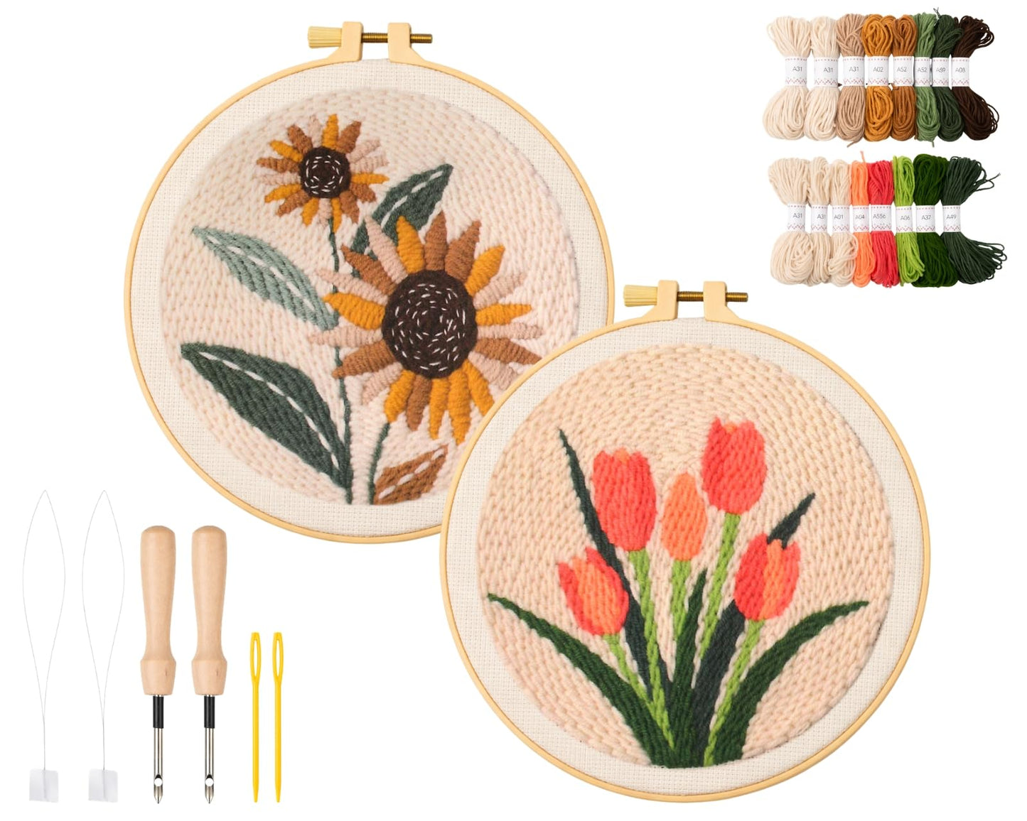 DS. DISTINCTIVE STYLE 2Pcs Embroidery Kits for Beginners,DIY Embroidery Starter Kit,Beginner Cross Stitch Kits for Adults with Instructions,Pattern,Yarns,Hoops,Threader Tools (Sunflowers&Tulips)