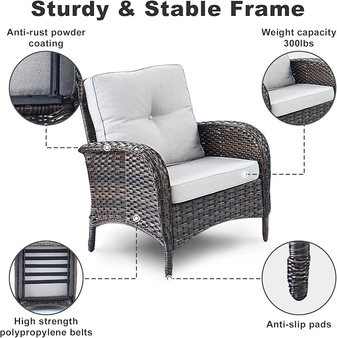 HUMMUH 3 Pieces Patio Furniture Set Outdoor Wicker Bistro Rattan Chairs with Glass Top Side Table and Thickened Cushions for Porch Deck Backyard Poolside