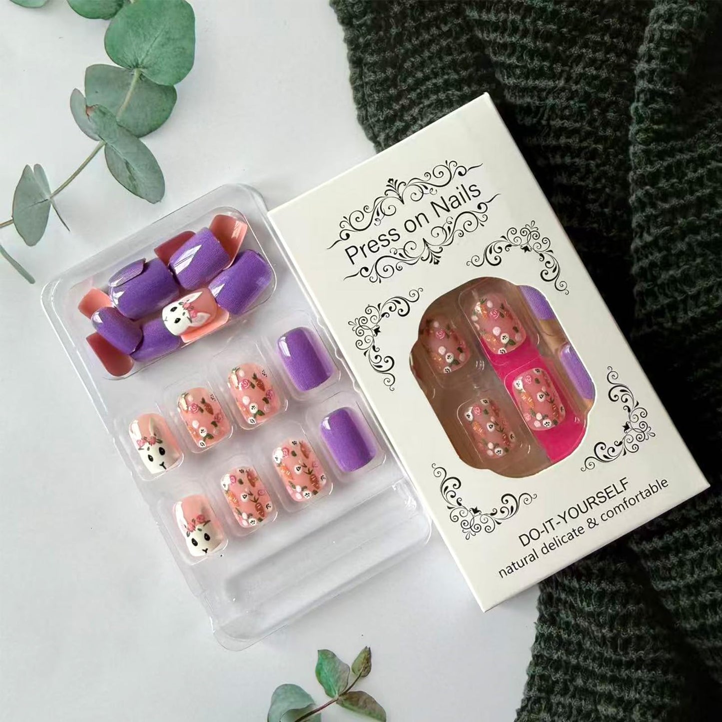 Easter Bunny Press on Nails Short Square Fake Nails with Spring Summer Floral Carrot Pattern Easter Nail Press ons Glossy Purple False Nails Flower Rabbit Glue on Nails for Women 24Pcs
