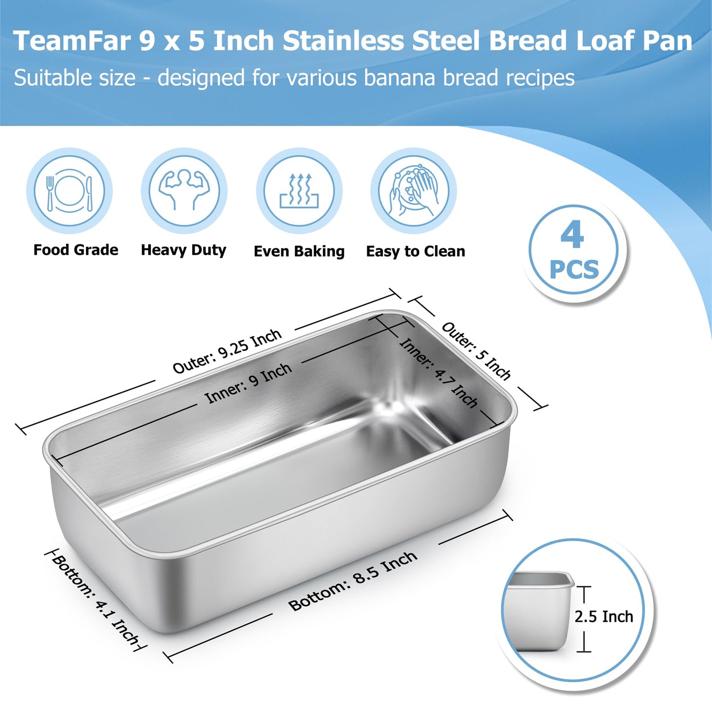 TeamFar Loaf Pan, 9¼" × 5" Bread Loaf Pans Meatloaf Pan Stainless Steel for Baking Bread Cake Lasagna, Healthy & Durable, Oven & Dishwasher Safe - Set of 4