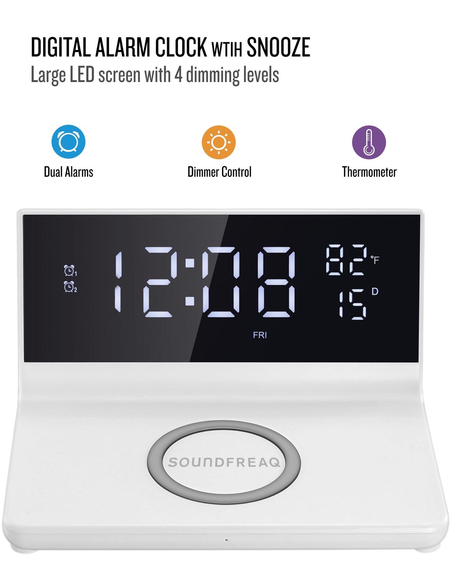 Soundfreaq Charge Rise II, SFQ-20: Digital Alarm Clock, with Dual Alarms, Fast USB Charger and Wireless Charger