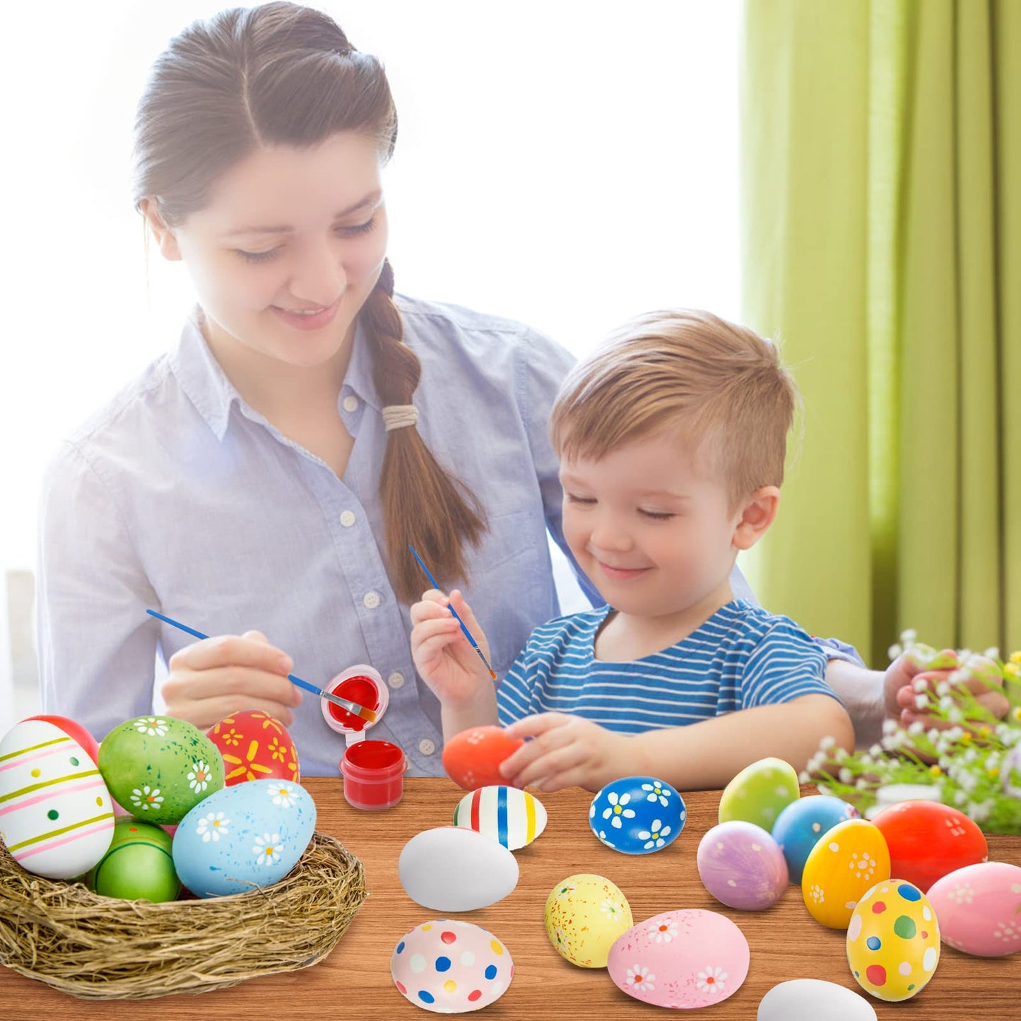 Max Fun 50 Pcs White Blank Easter Eggs Ornaments Bulk Decoration for Craft Hanging Plastic Artificial Eggs with Rope DIY Painting Decorating Basket Fillers Gift Easter Party Favors
