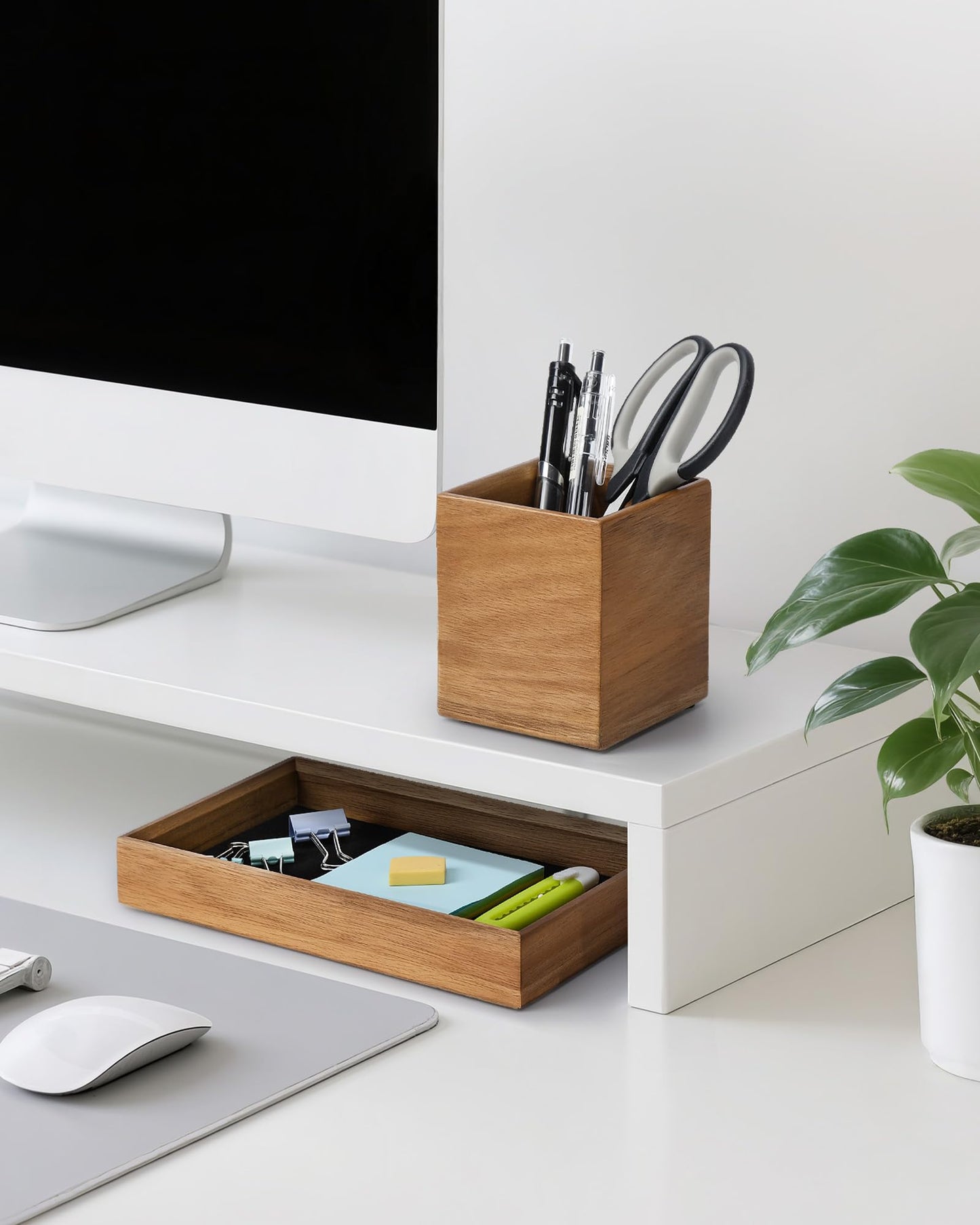 HULISEN Wooden Desk Organizer Tray with Pen Holder, Non-Slip Desk Tray and Pencil Holder Set with Felt Lined, Desktop Accessories for Home Office Workspace Organization