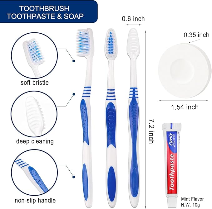 25 Set Disposable Toothbrushes with Toothpaste and Soap Individually Wrapped, 25 pcs Toothbrushes, 5 Colors with 25 pcs Bar Soap(0.5 oz)