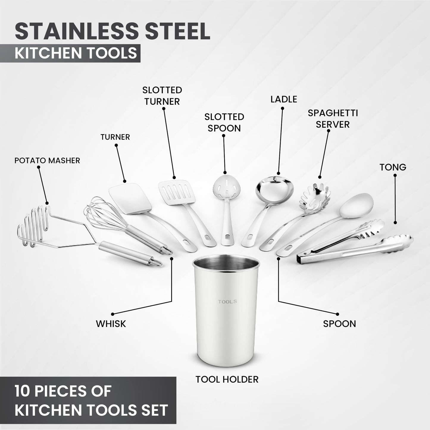 Avador® Premium Set of 10 Stainless Steel (WHITE HOLDER) Kitchen Tool Set with Holder Easy To Clean, Space Saving, Great for Cooking, Baking, Prepping (WHITE)