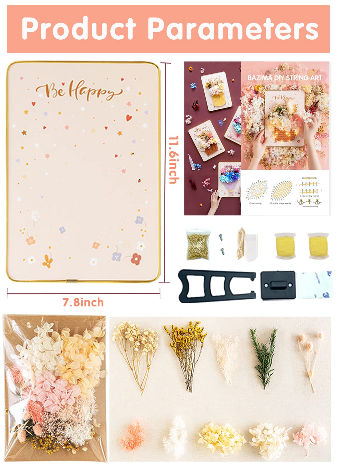 BAZIMA ALICE DIY String Art Kit for Beginner,Flowers String Art, DIY Dried Flowers Craft Kit, Unique Gift,Flower Basket, Craft Kit for Holidays