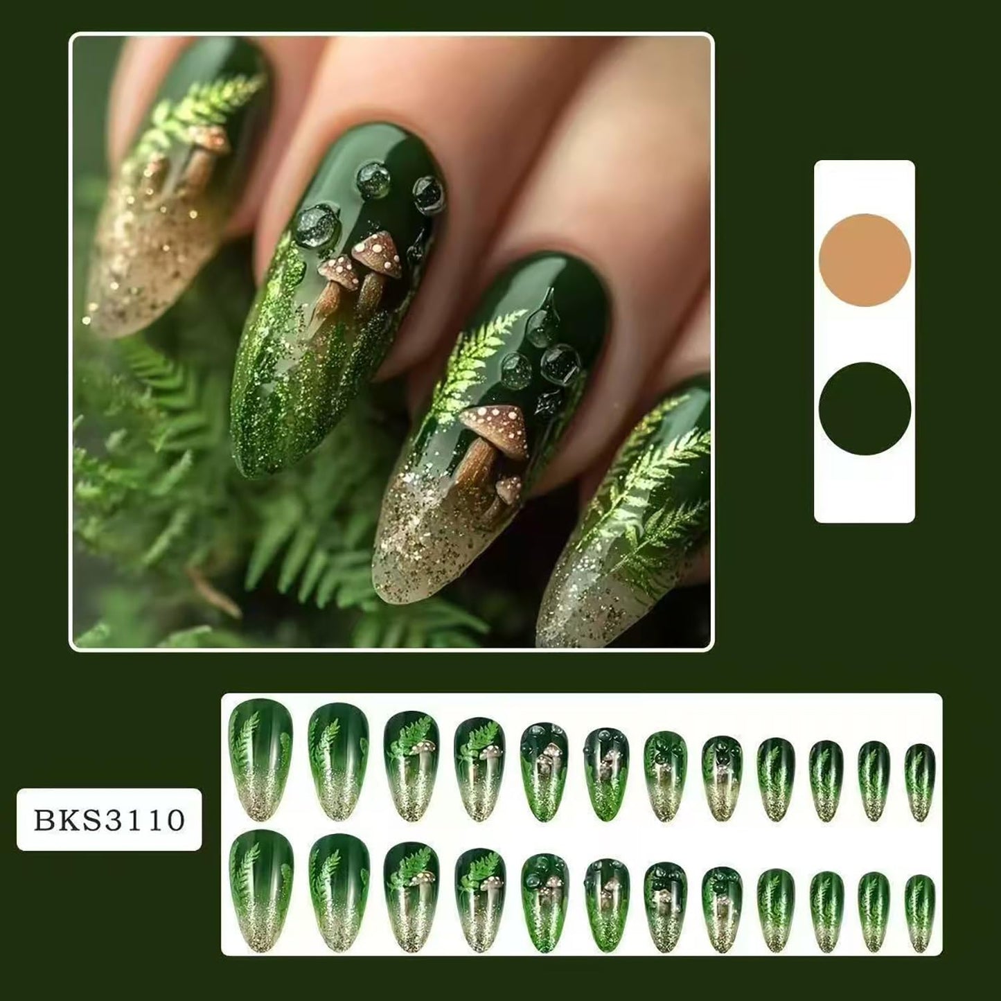 Green Press on Nails Almond Medium Full Cover Glossy Acrylic False Nails Green Grass and Mushroom Pattern Design Gradient Press Ons Fake Nail Artificial Stick on Nail DIY Glue on Nails for Women
