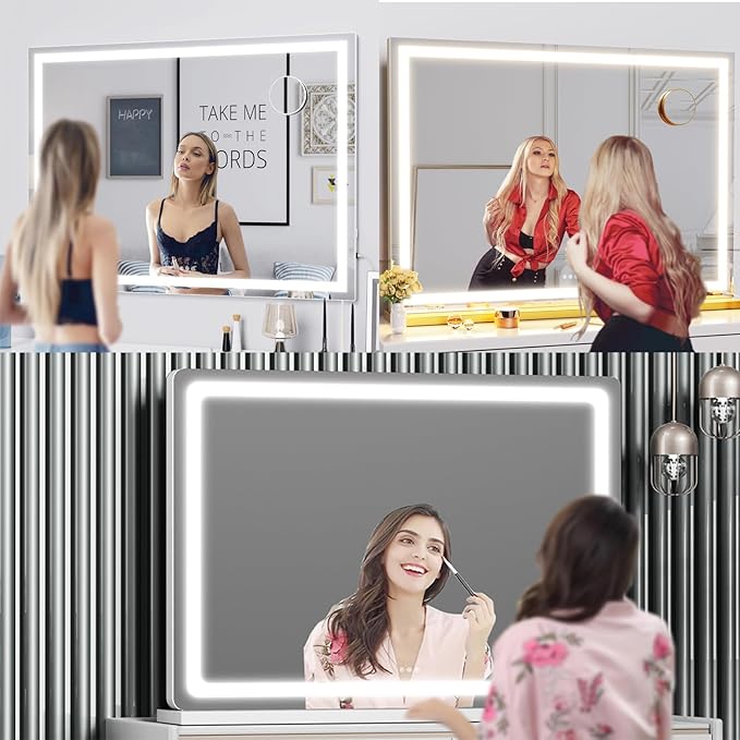 Makeup Vanity Mirror with Lights 32" x 24" Large LED Makeup Mirror, Light up Mirror with 10X Magnification and USB Charging Port, with Dimmable 3 Modes, Touch Screen Control Round Black