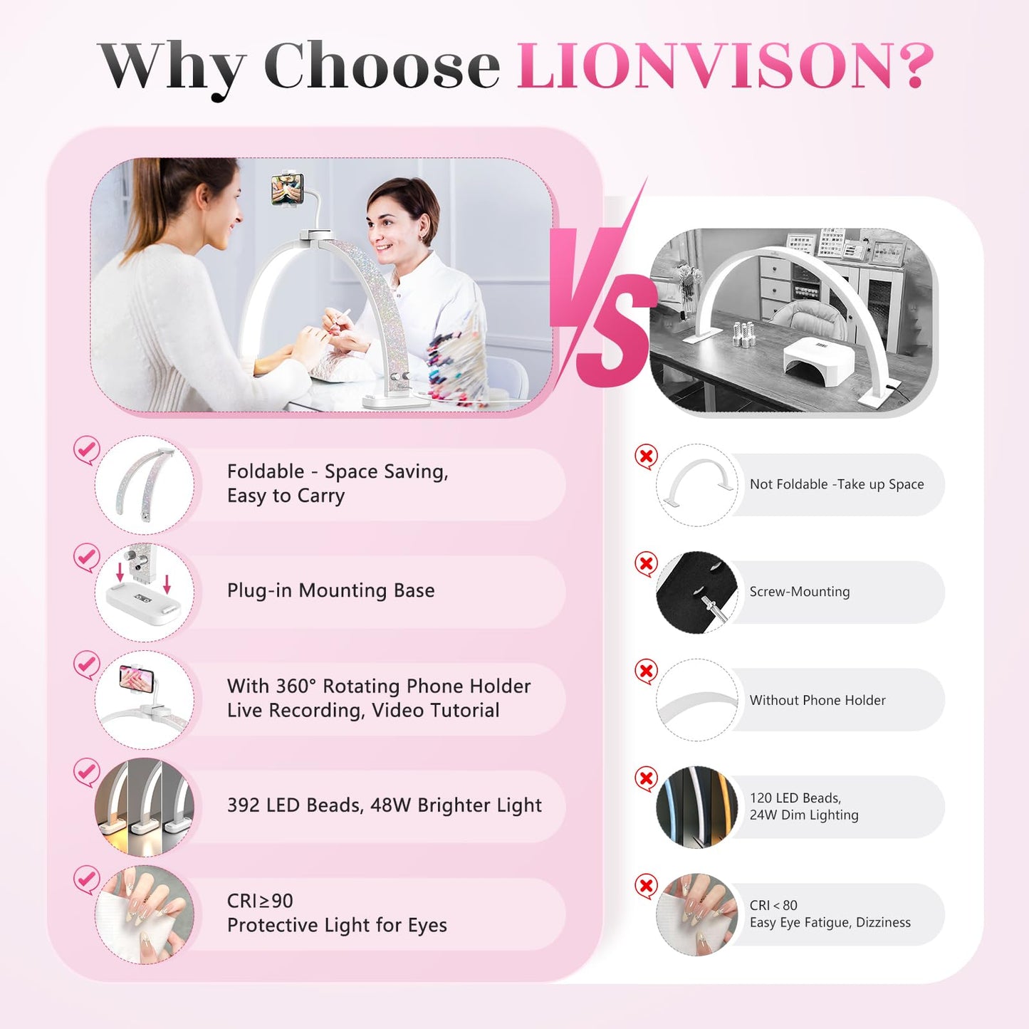 LIONVISON Half Moon Light for Nail Desk: 31-inch Manicure Table Light with Phone Holder for Beginner DIY - 48W Professional Half Moon Lamp for Nail Tech,Eyelash,Makeup,Tattoo