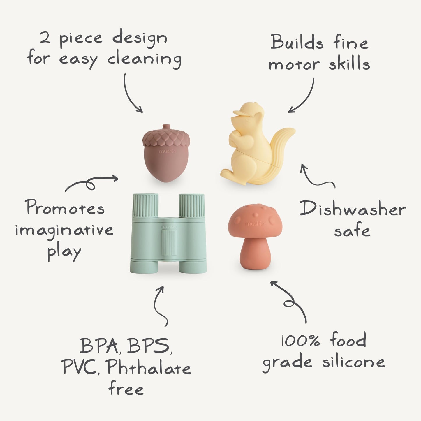 mushie Nature Bath Toys Play Set for Toddlers | 100% Food Grade Silicone | Mold Free, Pack of 4