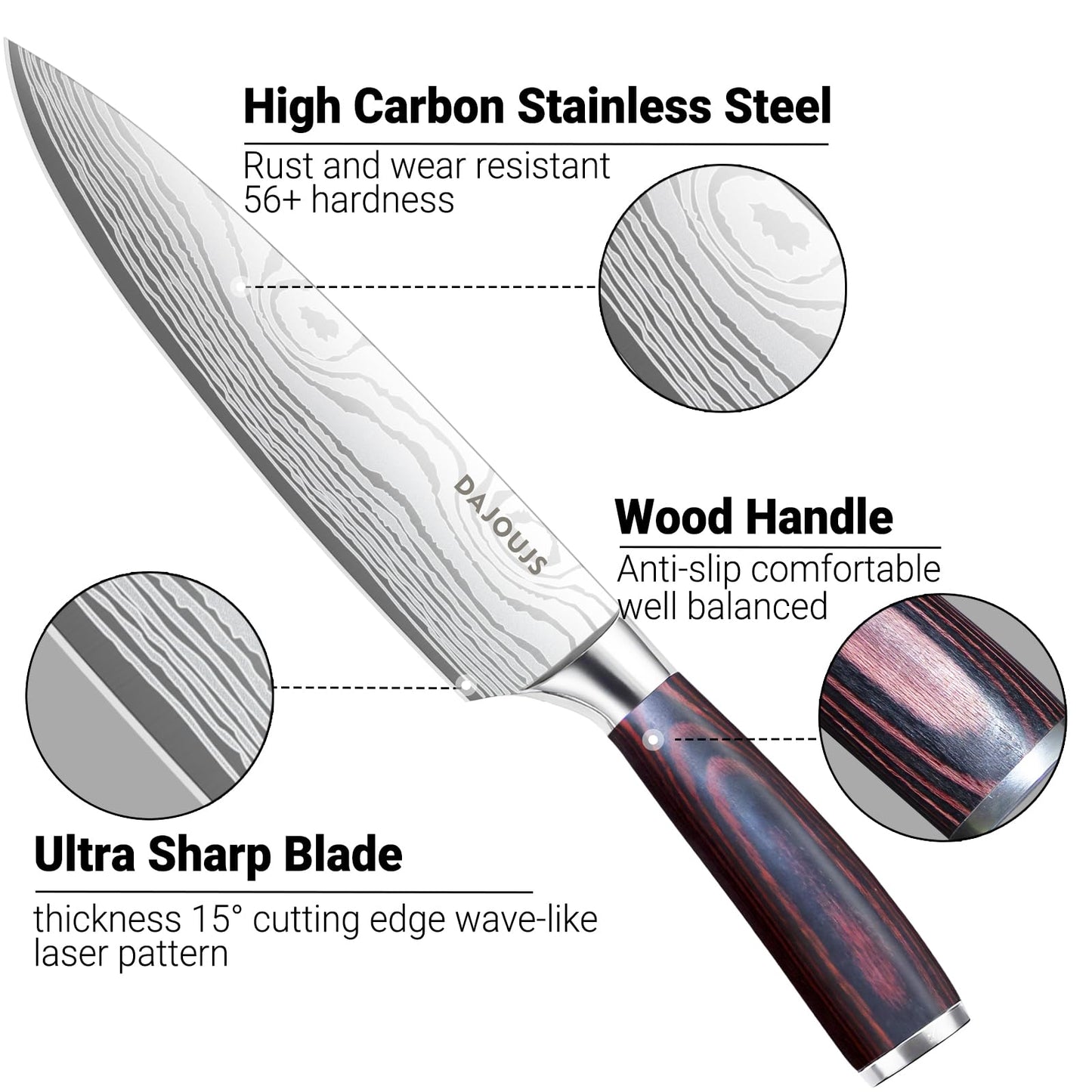 3-Piece Kitchen Chef Knife Set - 8" Chef Knife & 7" Nakiri Knife & 5" Utility Knife, Professional High-Carbon Stainless Steel Ultra Sharp Knives with Ergonomic Wood Handle & Gift Box for Cooking
