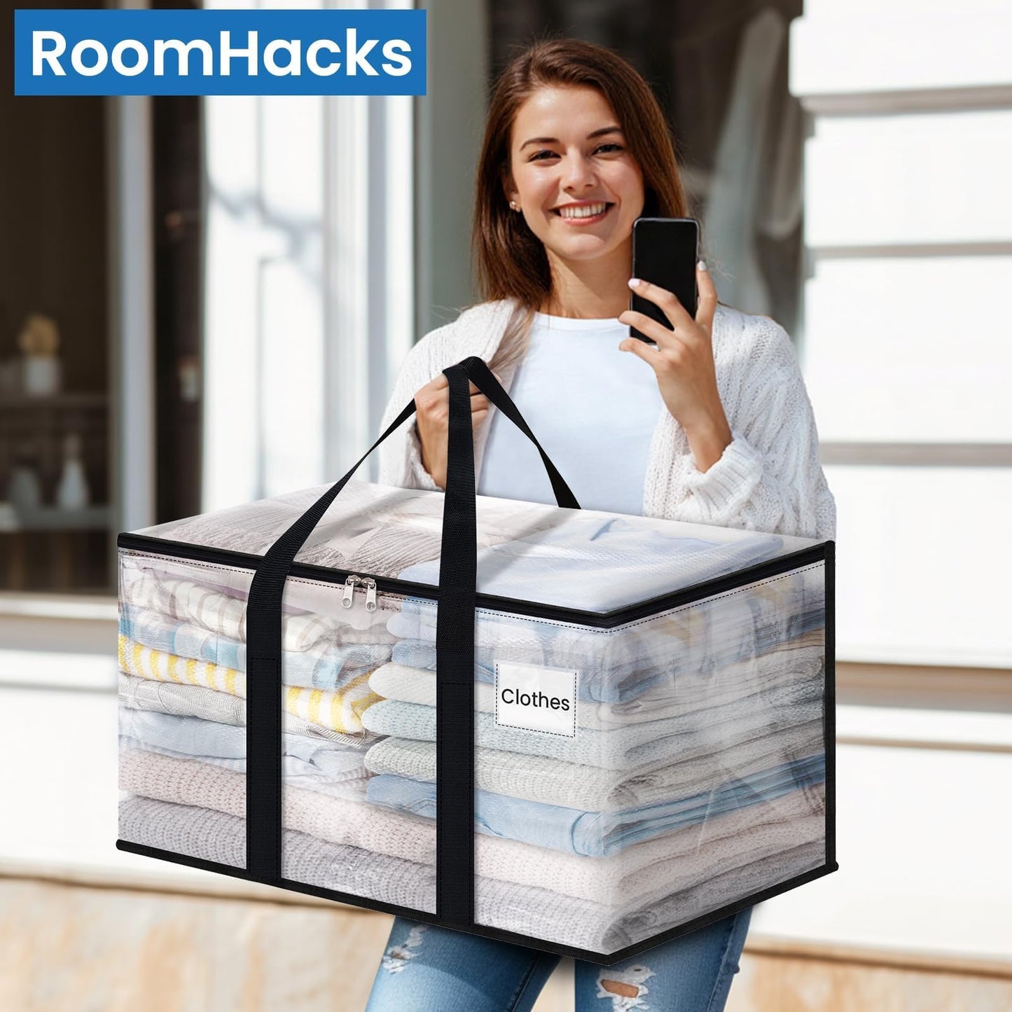 RoomHacks Heavy Duty Clear Moving Bags with Reinforced Handle and Double Zipper, Storage Totes, Packing Bags Alternative to Moving Essential and Supplies Box, Clear, Large, 6 Packs