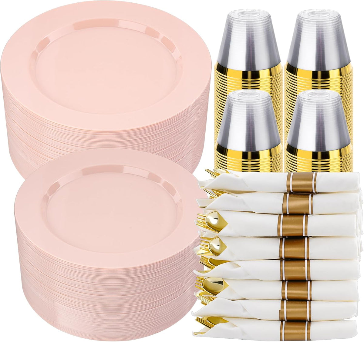 350 PCS Pink Plastic Dinnerware Set for 50 Guests, 100 Disposable Plates for Party, 50 Pre Rolled Napkins with Gold Silverware, 50 Cups for Wedding, Graduation