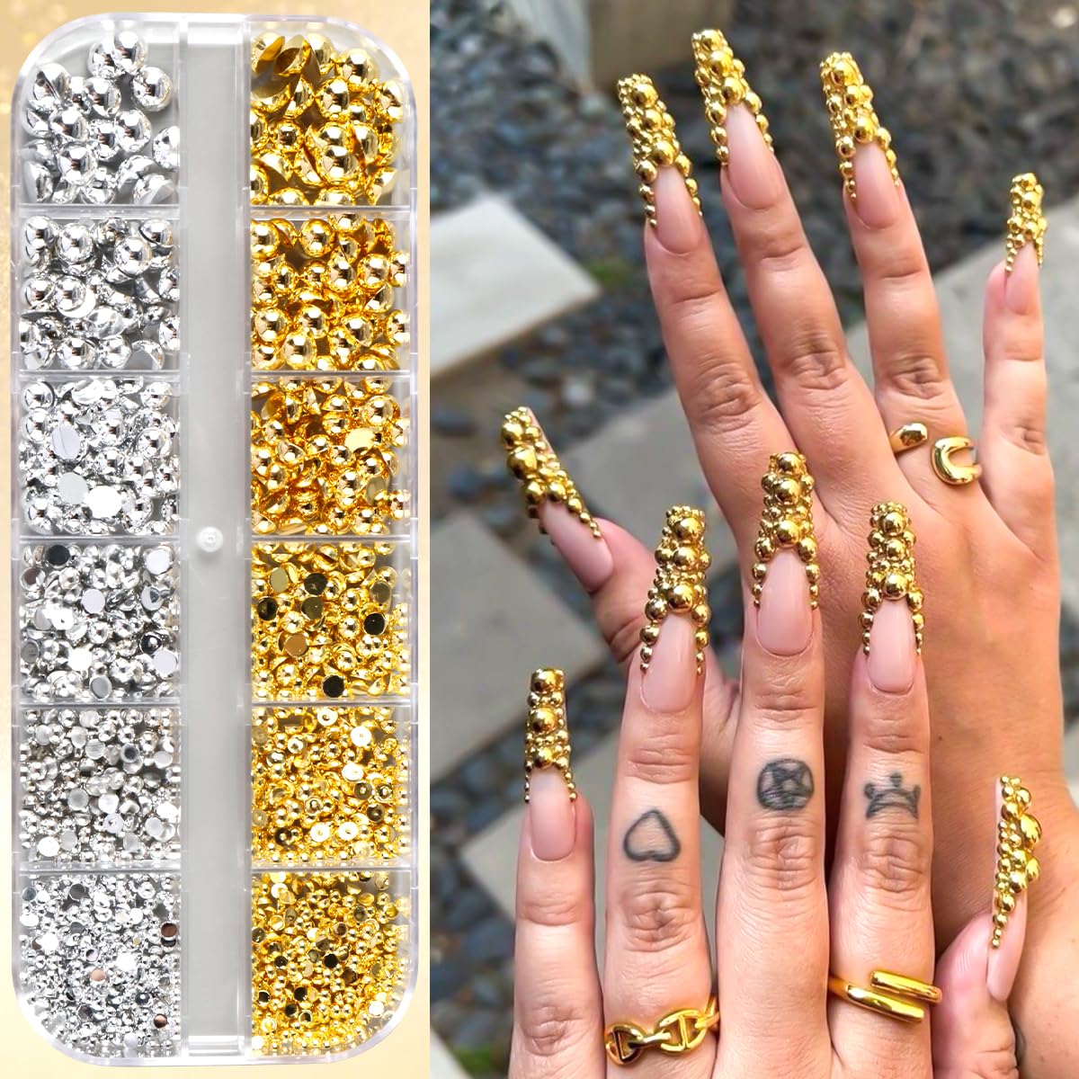 3 Box 12 Grids Goth Nail Art Studs, 3D Gold & Silver Alloy Gothic Punk Nail Charms Y2K Rivet Studs Beads Metal Rings Piercing Manicure Supplies for DIY Nail Art Decorations