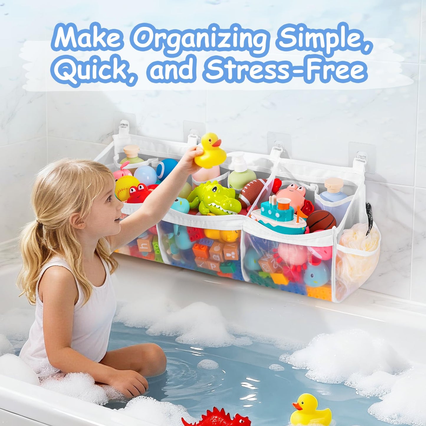 Criusia Extra Large Bath Toy Organizer with 3 Compartments and Multiple Pockets, Quick-Dry Mesh Bathtub Storage for Kids' Toys