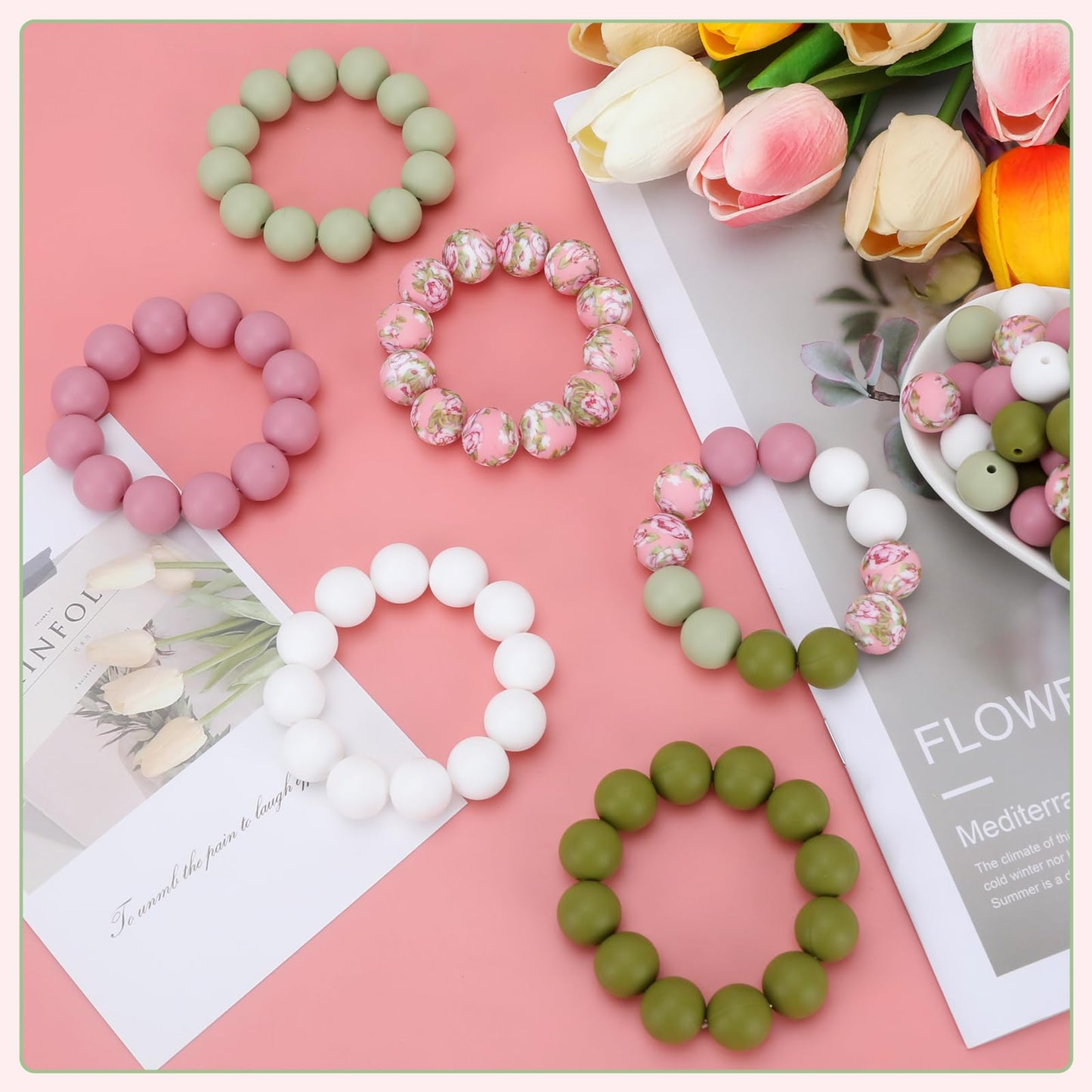 SALUOKE 100 Pcs 15mm Silicone Beads for Keychain Making, Pink Gream Silicone Beads Bulk Round for Bracelets Pens Crafts Jewelry Making (Pink Green)