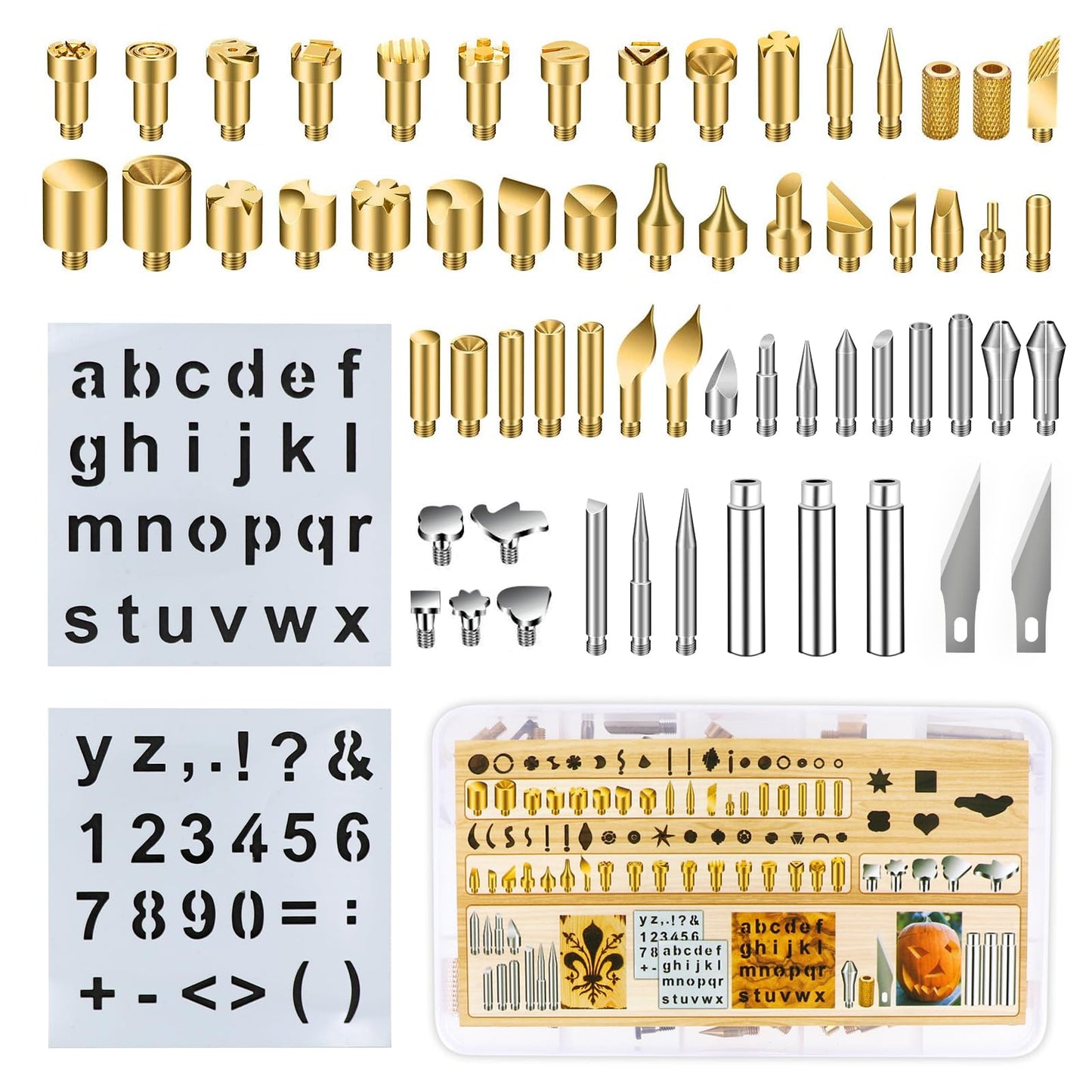 62Pcs Wood Burning Tips, Professional Wood Burning Pen Tips and Alphabet Number Stencils Set, Perfect Wood Burning Embossing Carving DIY Crafts Tool for Adults Beginners