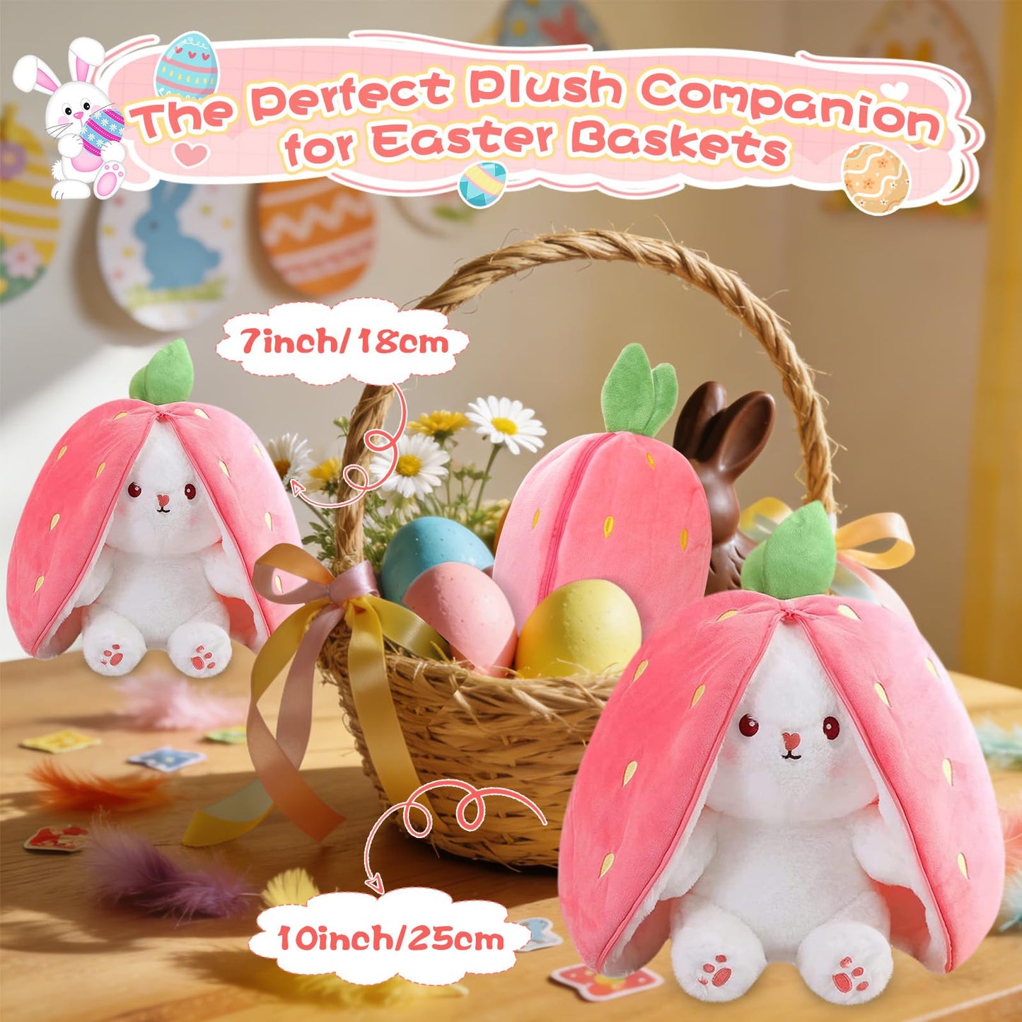 MIAODAM Bunny Stuffed Animal Reversible Cuddle Bunny Stuffed,Strawberry Bunny Transformed Rabbit Plush Zipper,Turns Into Ears Bunnies Plushies Toy Cute Stuffy Doll Easter
