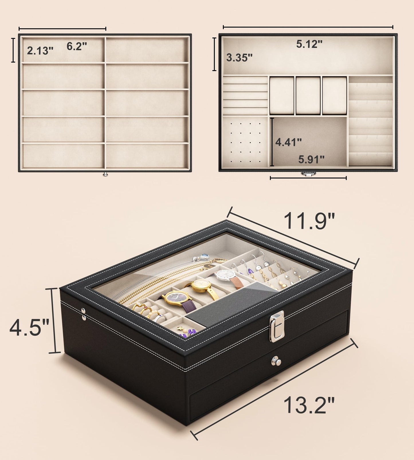 NEWLOOP Jewelry Sunglasses Organizer for Women – 2 Layer Storage Box with 10 Eyeglass Slots 3 Watch Holders Necklace and Earring Compartments Velvet Lined Jewelry Box Eyeglass Box Watch Box Display