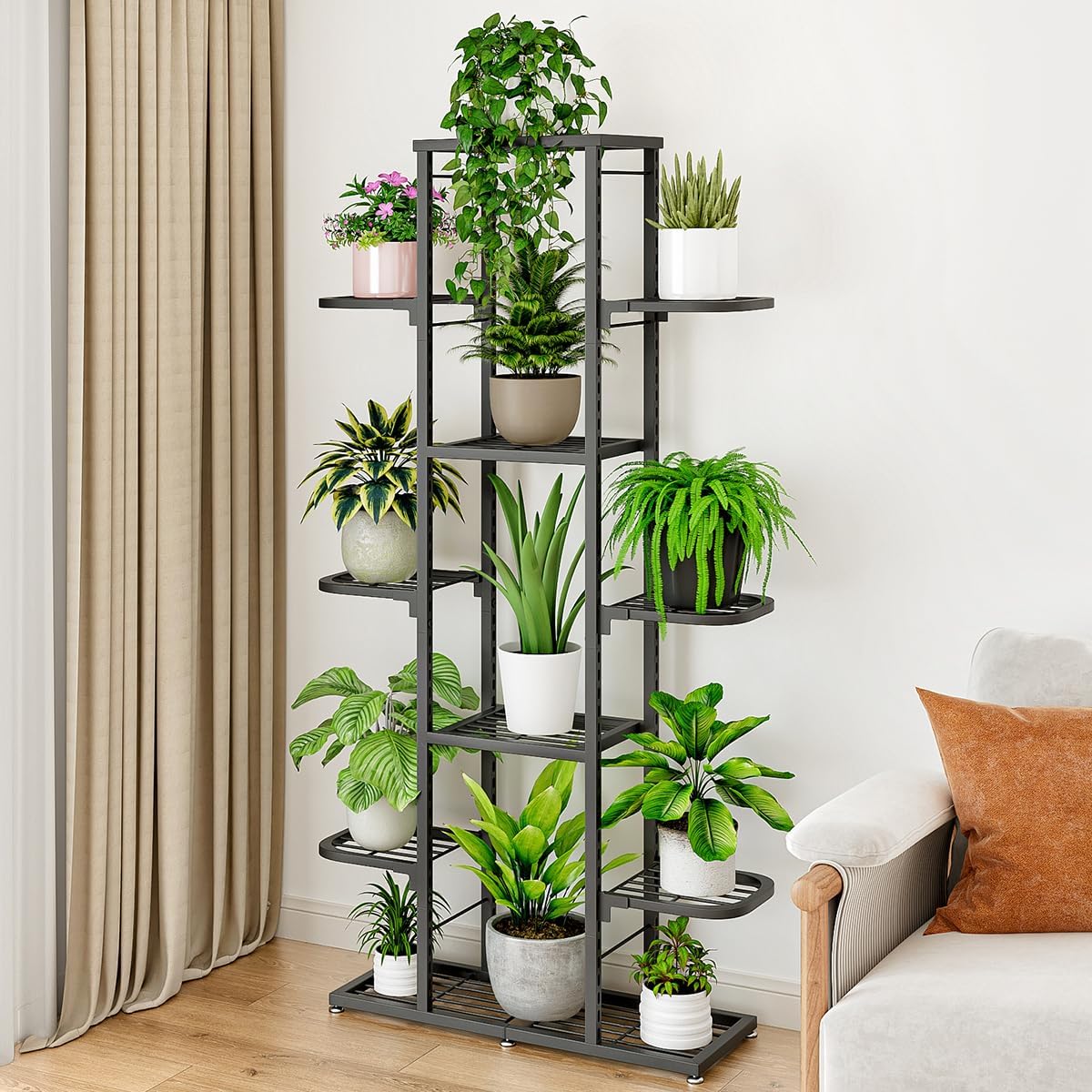 Space-Saving Metal Plant Shelf - 7-Tier Heavy-Duty Corner Stand for Indoor & Outdoor Use, Waterproof Display Rack for Living Room, Balcony, Patio - Durable Home Hardware Bracket, Dark Gray, 7 Layers