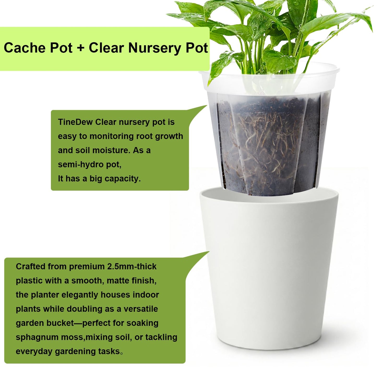TineDew 4 Pack of 7in and 5in Double-Layer Self-Watering Pot with Clear Nursery Pot - Indoor Planter with Drainage for Root Visibility,semi Hydro pots for repotting Orchids,Aroid or Monstera,White