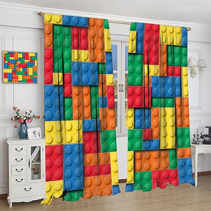 Building Block Toy Curtain Rod Pocket Children's Nursery Abstract Outline Colorful Toy Cartoon Theme Brick Geometric Print Curtain, Blackout Curtain for Boys and Girls Room 63x63in