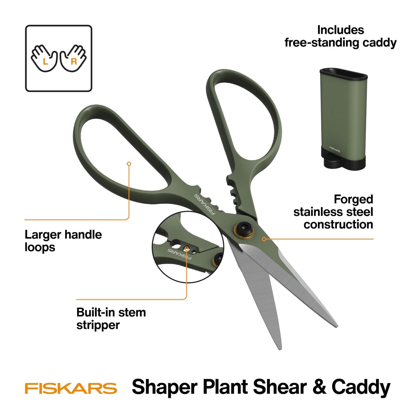 Fiskars Plant Shaping Shears & Holder, Precision Indoor Gardening Snips with Storage Caddy, Forged Stainless Steel Blades for Clean Cuts on Broad Leaves, Ambidextrous Handles & Stem Stripper, 6"