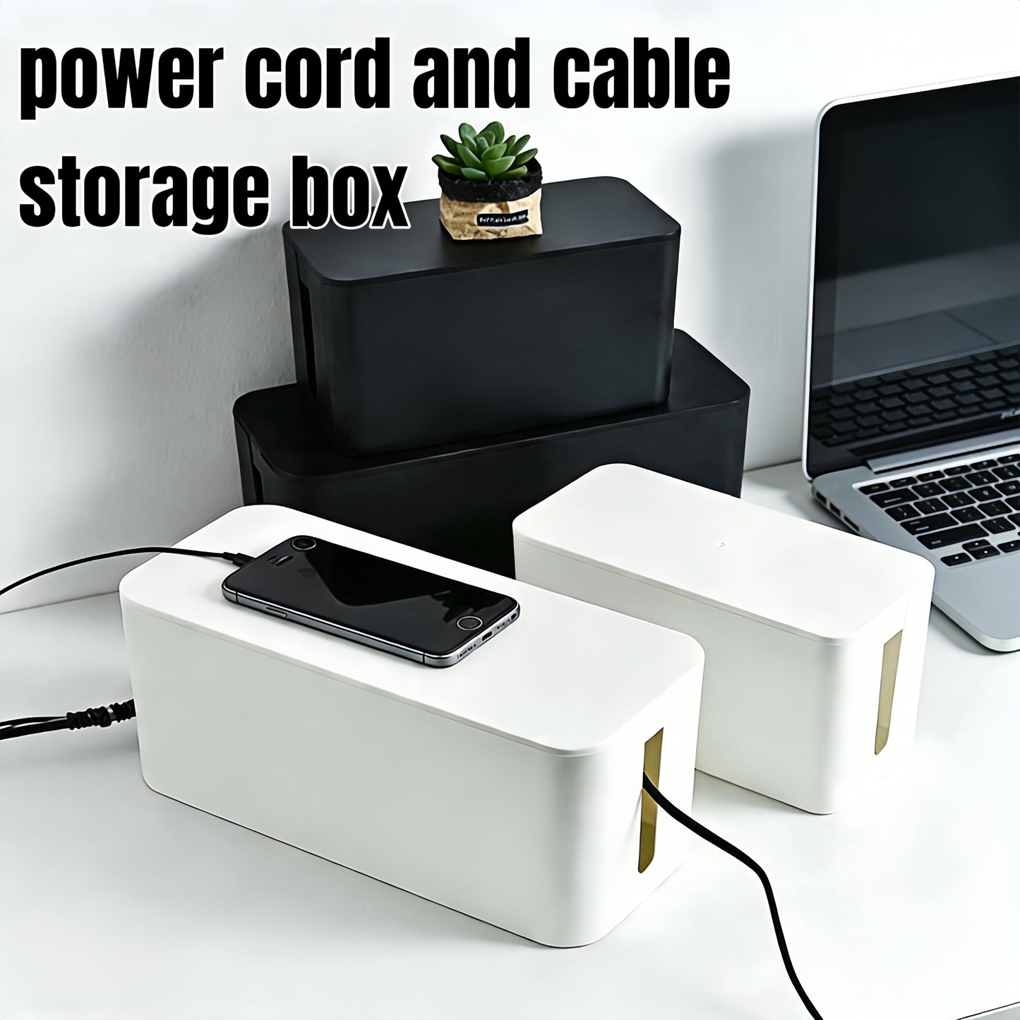 1 Large + 1 Small Cable Management Box Set – 2-Piece Cord Organizer Box, Home Office Desk Wire Storage & Cable Management Solution (Acryliclid lid/White)