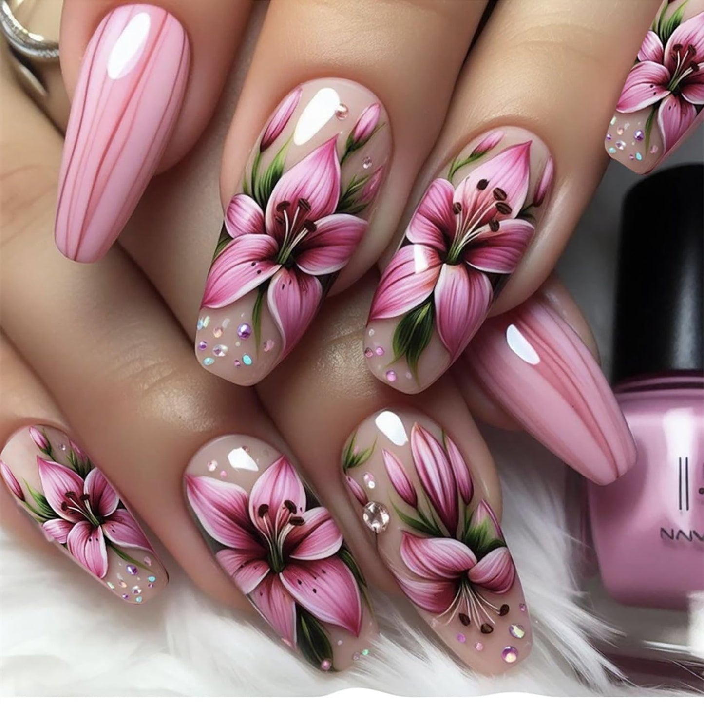 Flower Press on Nails Medium Length Pink French False Nails Lily Floral Design False Nails Full Cover Glossy Acrylic Nails Ballet Shaped Artificial Stick on Nails Reusable Glue on Nails for Women