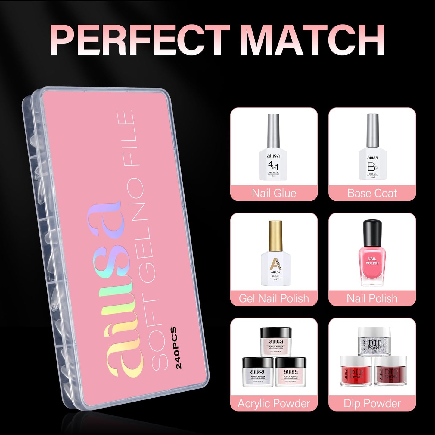AILLSA Short Almond Nail Tips Pre-Shaped Acrylic Nail Tips Half Matte Full Cover Nails Tips Clear Gelly Press on False Tip Nail for Extension Nail Manicure Home DIY 240PCS 15Sizes