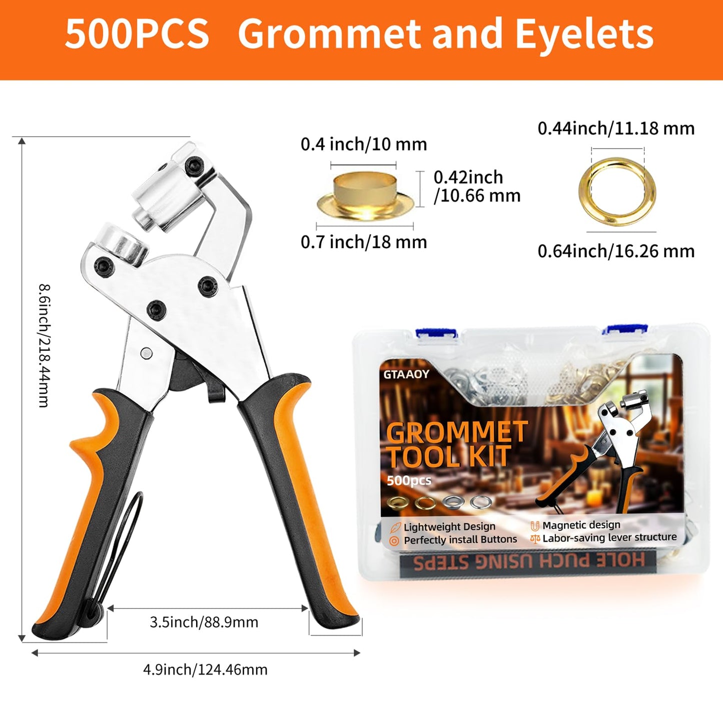 GTAAOY Heavy Duty Grommet Tool Kit, 1000Pcs 3/8 Inch Eyelet Press Pliers(10mm), Manual Handheld Puncher Set for Banner DIY Tarp Ring Repair and Installation(250set Silver + 250set Gold)