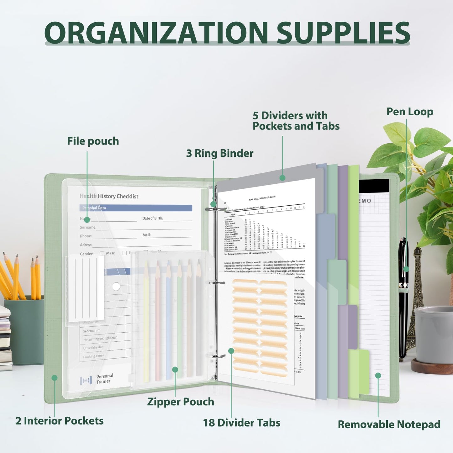 BVSSX 3 Ring Binder with Clipboard,1 Inch Binders with Notepad&5 Dividers with Pockets, Labels,PU Clipboards for School Office(Green Tulip,Letter Size)