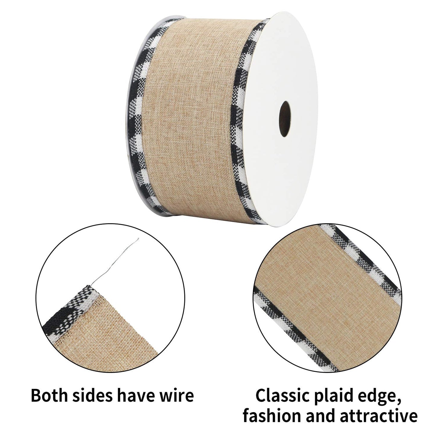 MEEDEE Burlap Christmas Ribbon Wired 2.5 Inch Plaid with Black and White Checkered Edging 10 Yards for Christmas Tree and Wreath Making