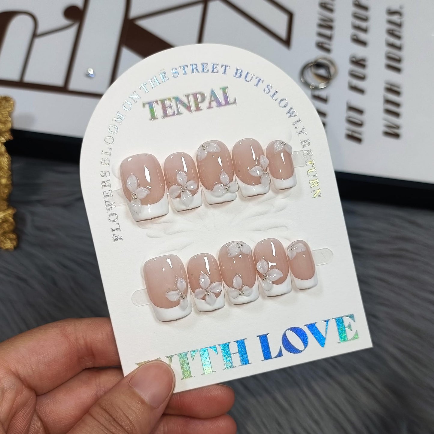 TENPAL 10Pcs Handmade Press On Nails Medium With Tools,Nude White French Tip Square Fake Nails with Designs,Hand-Painted White Floral Sculpted Salon Acrylic Glue on Nails for Wedding Party Daily(XS)