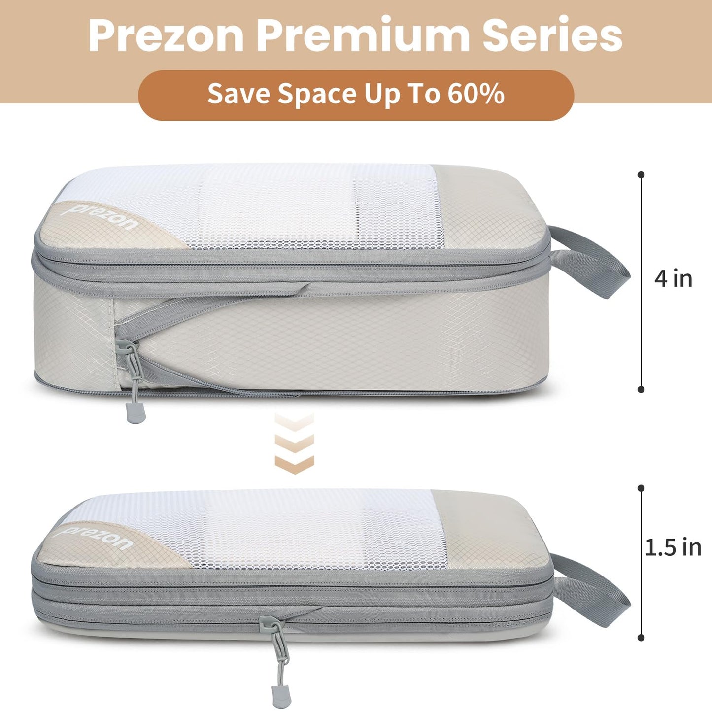 Prezon Compression Packing Cubes for Travel, Lightweight Vacation Travel Essentials, Travel Accessories for Suitcase Organizer Bags Set, Durable Luggage Organizer, 6 set, half mesh, Beige