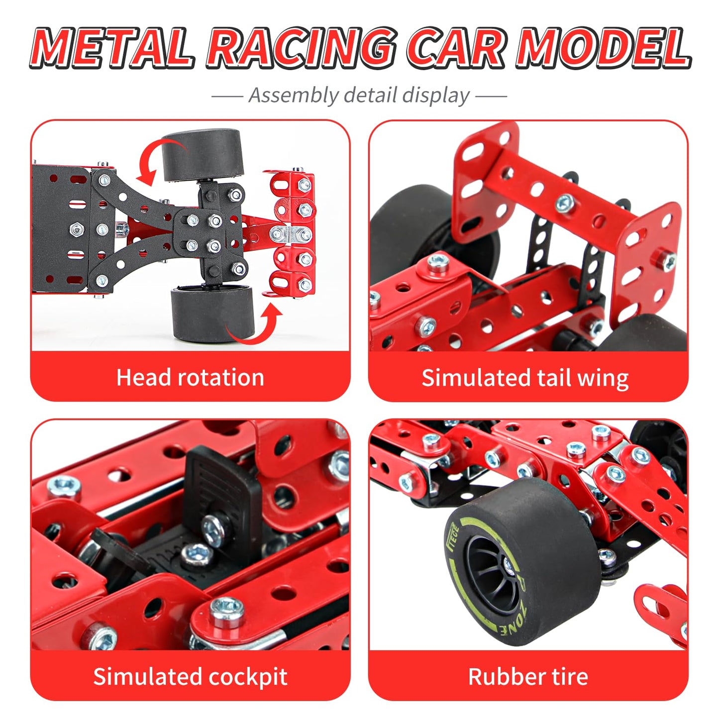 BESTYMXY Building Kit Car Model, 1:20 Scale Race Car Metal Model STEM Project Building, Assembly Toy Set STEM Projects Toys for Boys 8-12, Red Vehicle DIY Assembly Metal Model