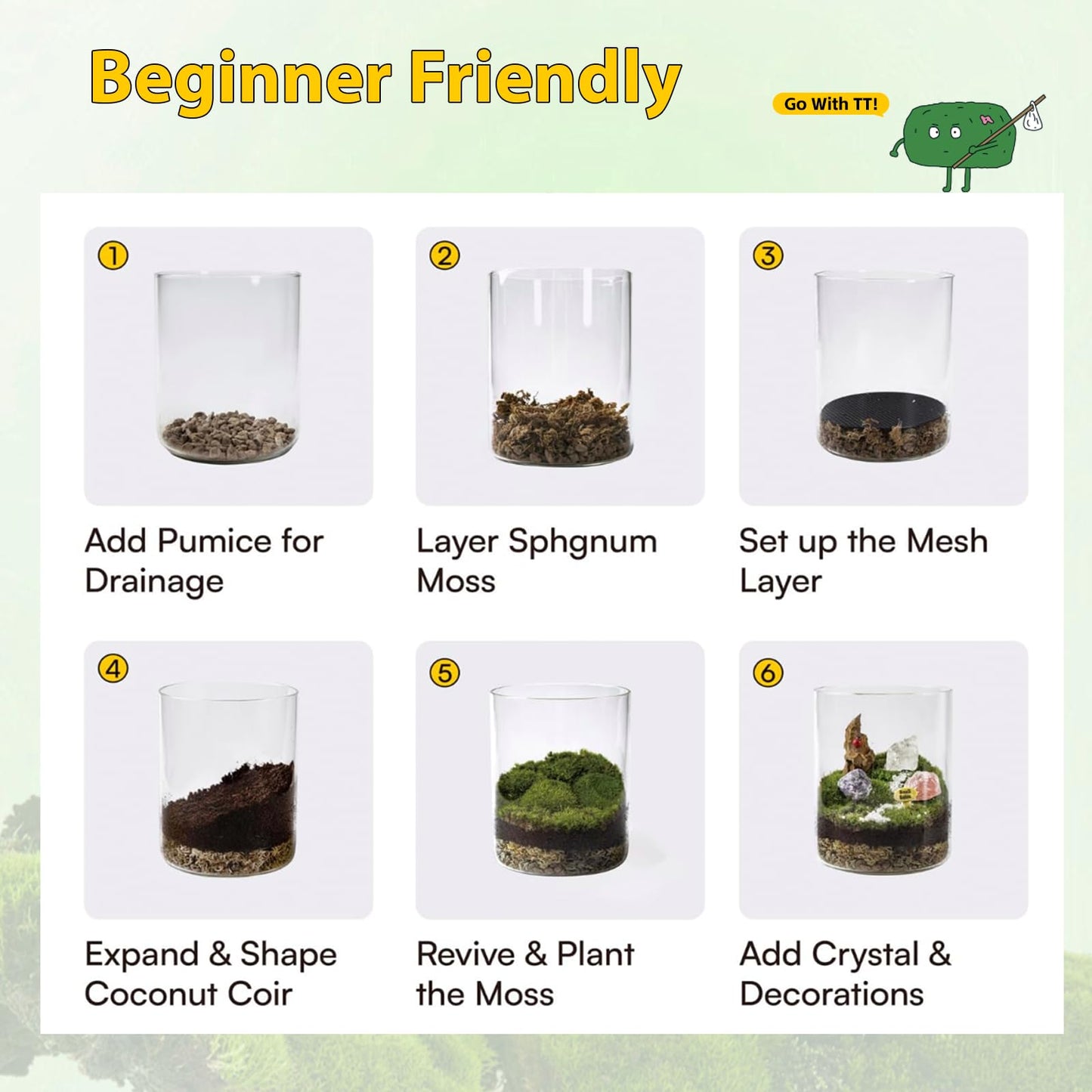 DIY Crystal Terrarium Kit - 21-Pieces All-in-One Starter Kit with Preserved Moss, Pumice, Crystals, Coconut Coir, Tools & Decor | Healing Gift for Relaxing | Plants Lovers | Home & Desk Decor