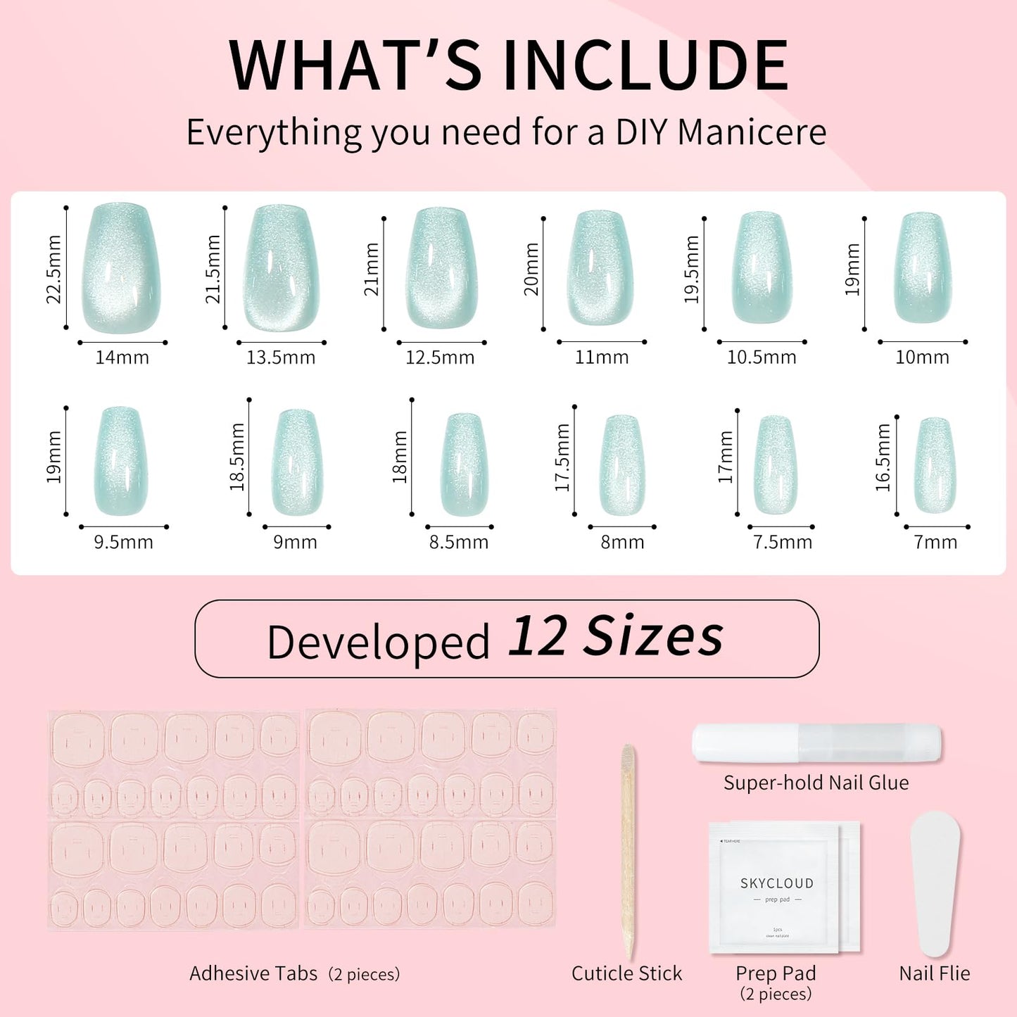 Blue Cat Eyes Press On Nails,12 Sizes - 24 Pcs Soft Gel Blue Medium Coffin Fake Nails Kit with Nail Glue, Natural Reusable Stick On False Nails for Women and Girls (Skycloud Catseye Blue) SK0718