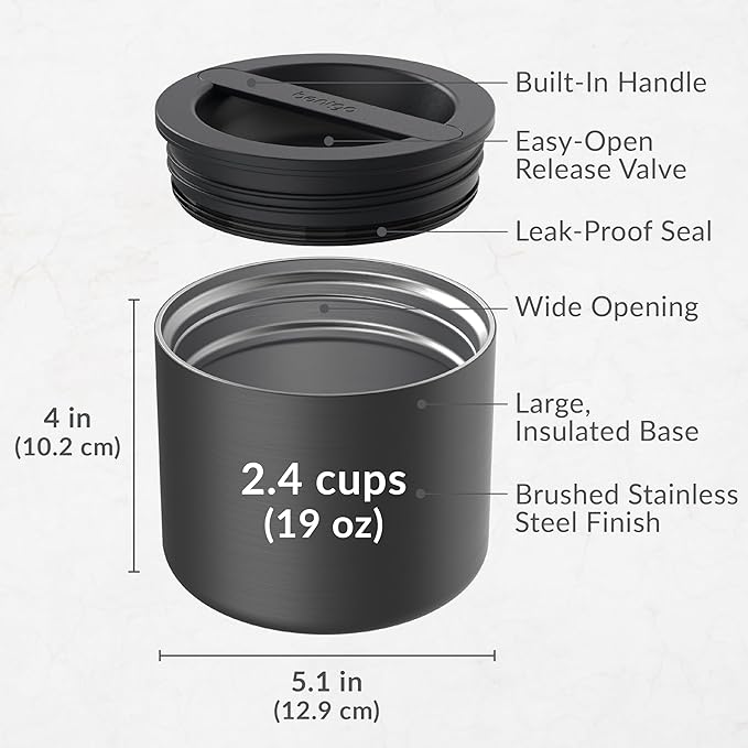 Bentgo Stainless Insulated Food Container - 2.4 Cups (19 oz), Triple-Layer Insulation, Vacuum Seal, Leak-Proof, Built-In Handle, Wide Opening, Premium Stainless Steel, for Cool/Warm Foods (Black)