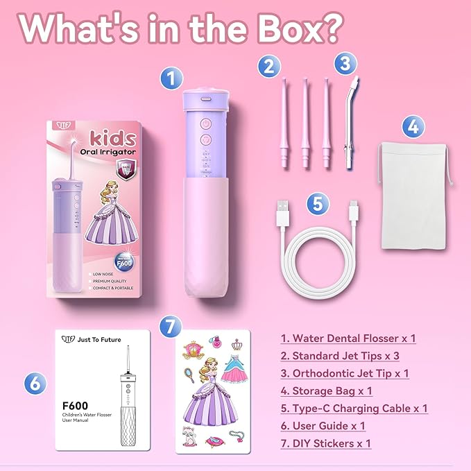 JTF Kids Water Dental Flosser: Rechargeable Portable Oral Irrigator with 4 Flossing Modes 230ml Tank 4 Tips Travel Bag Waterproof Stickers, Cordless Electric Flossers for Teeth Gum Braces Care, Age 6+