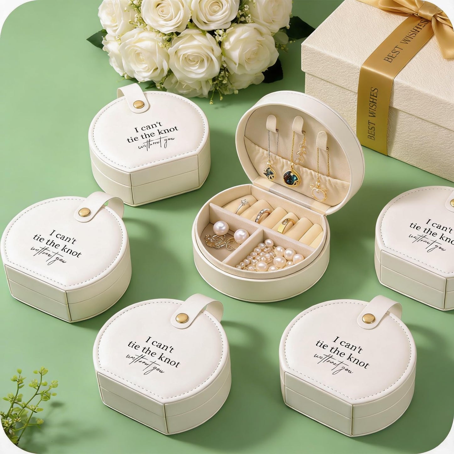 FITVOLL Bridesmaid Proposal Gift Boxes Set of 6, Travel Jewelry Case, White Leather Jewelry Organizer with Handle, Wedding Party Gift – 6 Pack