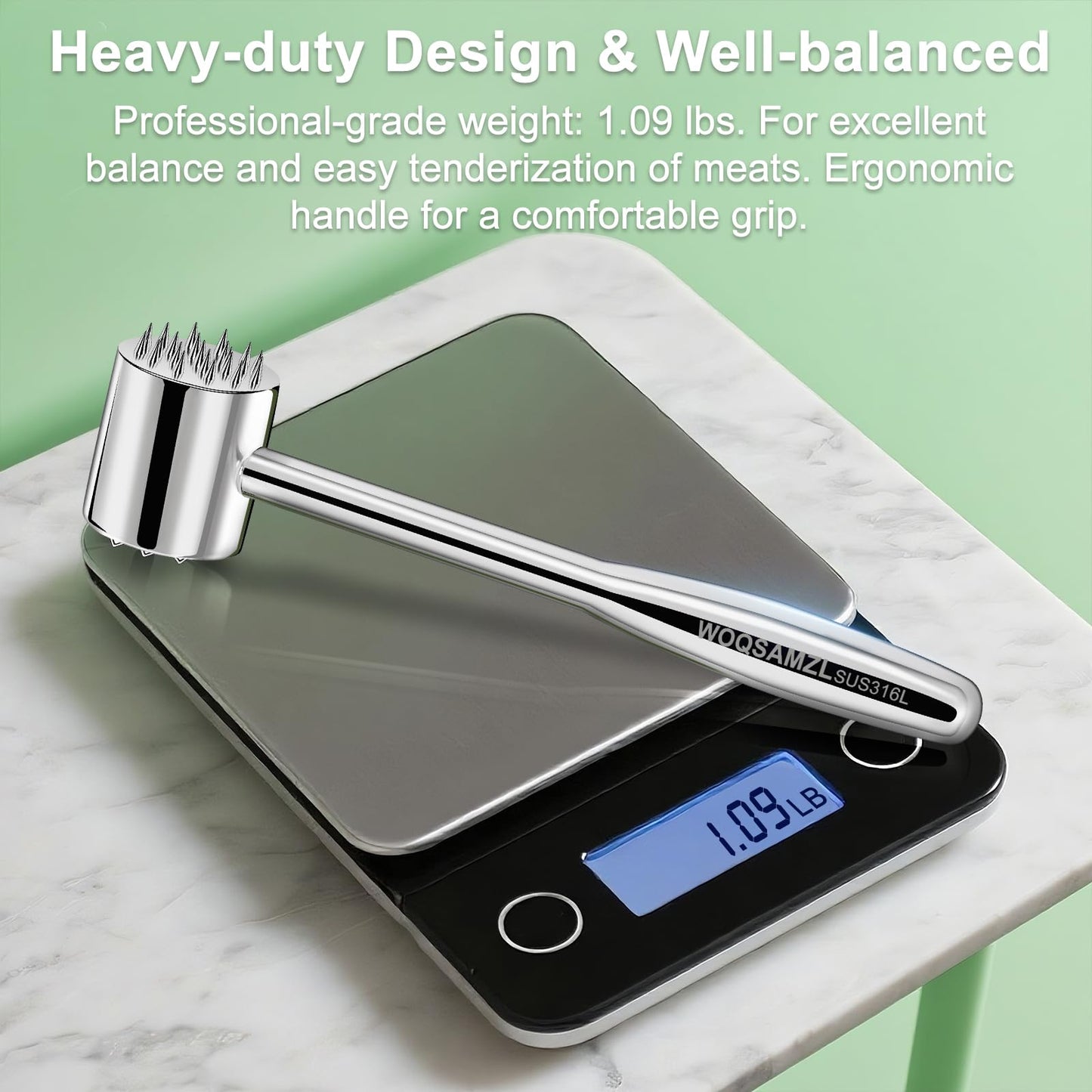 2-in-1 Real 316L Stainless Steel Meat Tenderizer Mallet Hammer, Professional Meat Pounder with 19 Sharp Needle Spikes, Dual-Sided Heavy Duty 1.09lb Versatile Kitchen Tool,Solid & Dishwasher Safe
