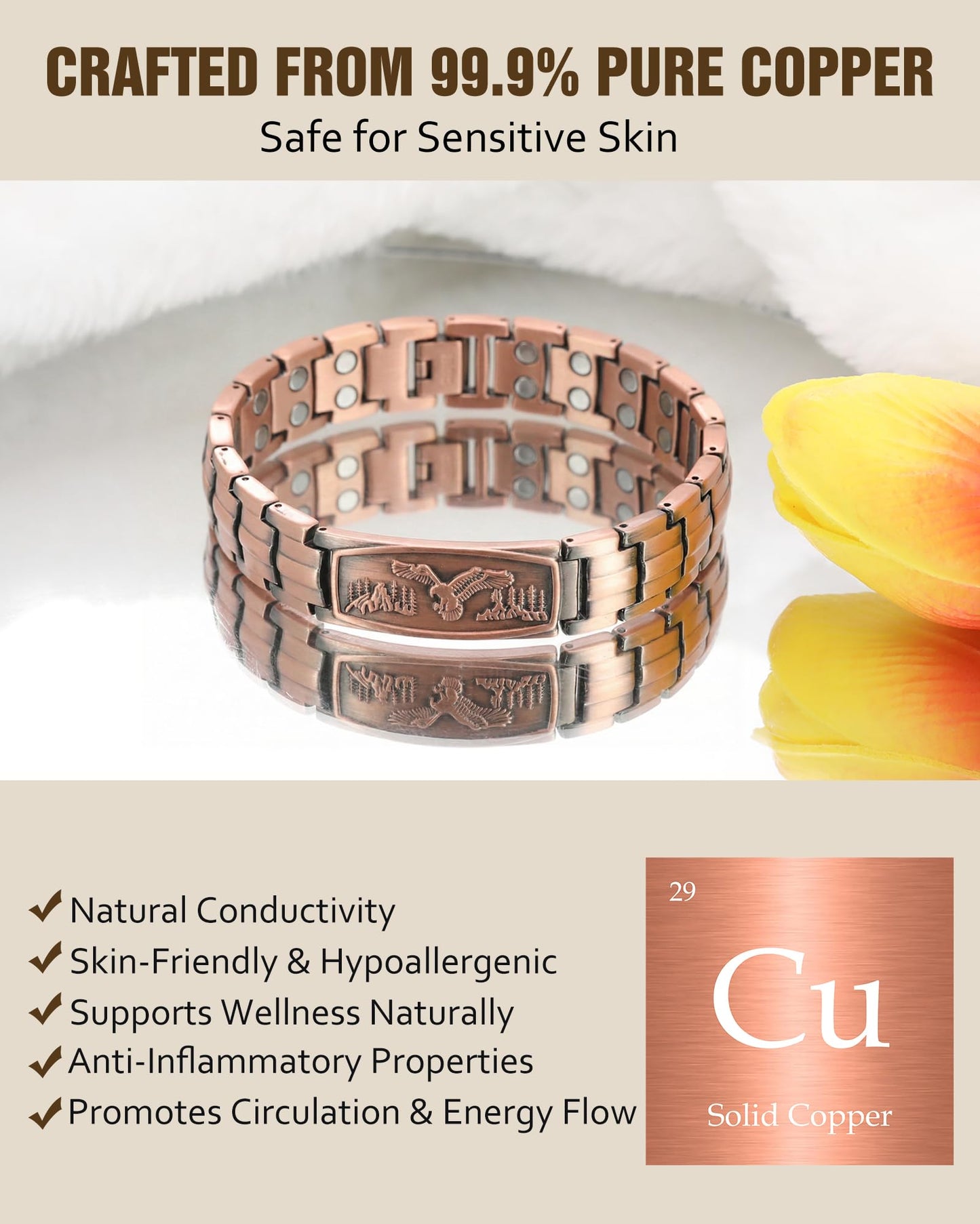 Jecanori Pure Copper Bracelet for Men, 2X Strength Magnetic Bracelets for Men, Ideal Gift