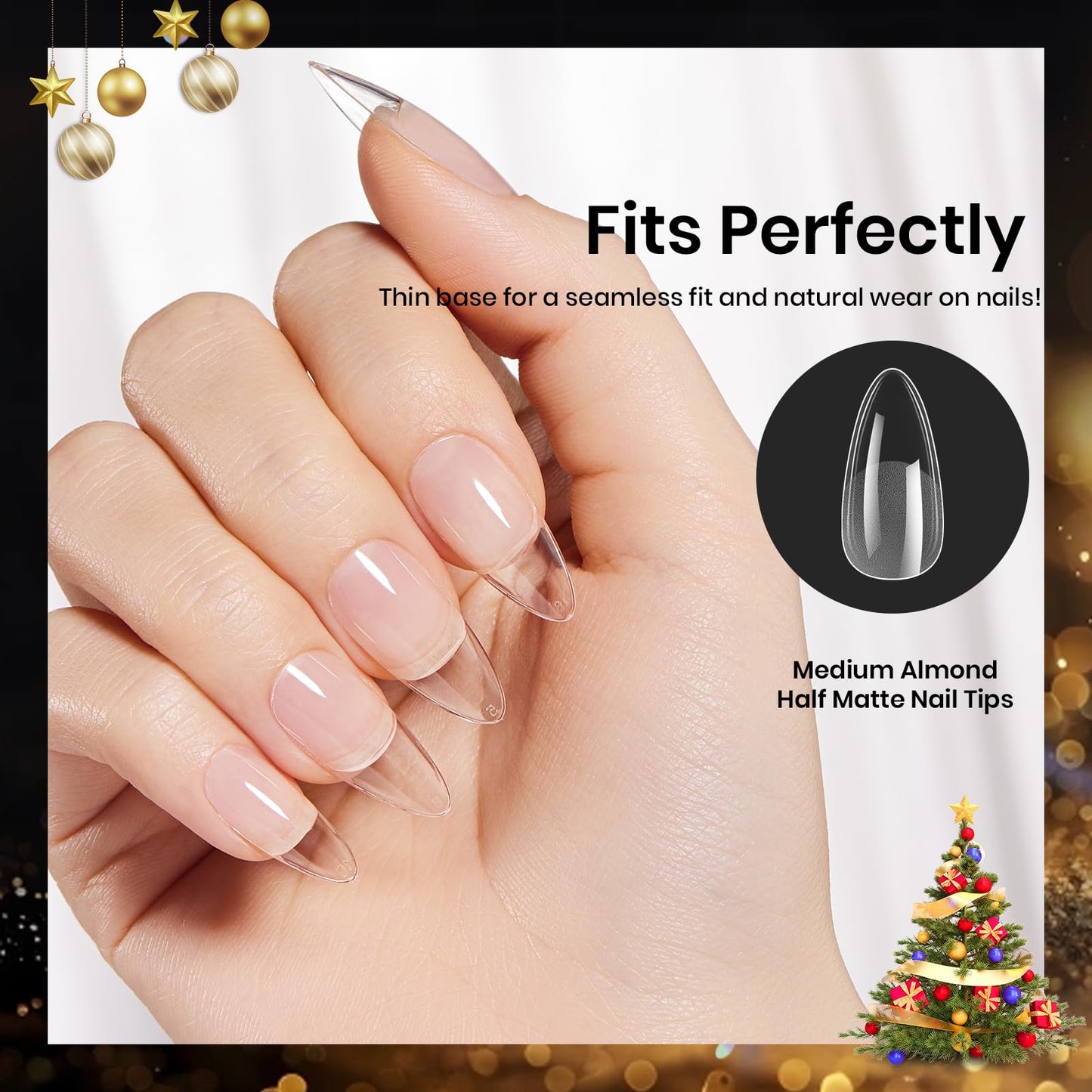 Beetles Gel Nail Tips Medium Almond Etch X, 12 Sizes 288 PCS Half Matte Full Cover Press on False Nail Tips Clear Acrylic Nails Extension Glue on Nails DIY Gift for Women
