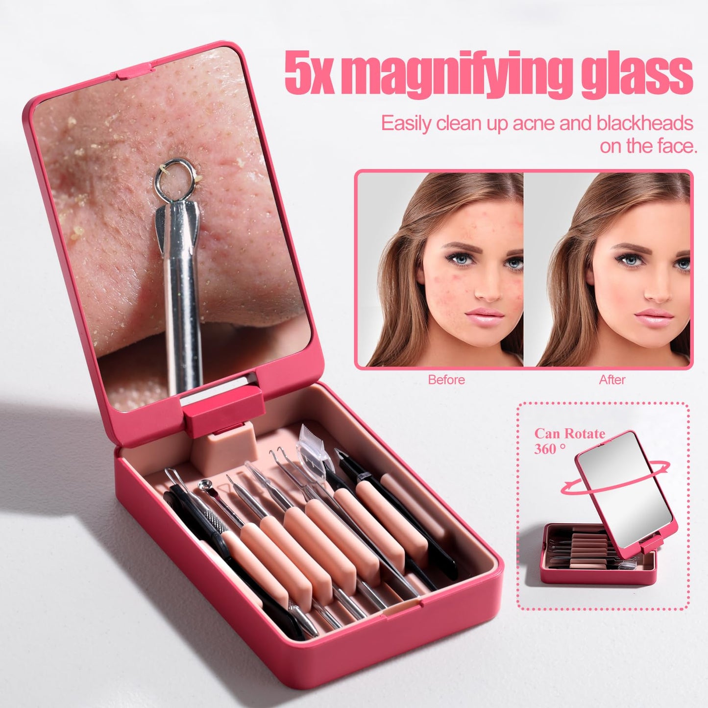 JPNK Blackhead Remover Tool Comedones Extractor Acne Removal kit & Eyebrow Trimmer Kit, 8PCS in One with 5X Magnifying Mirror (Silver)