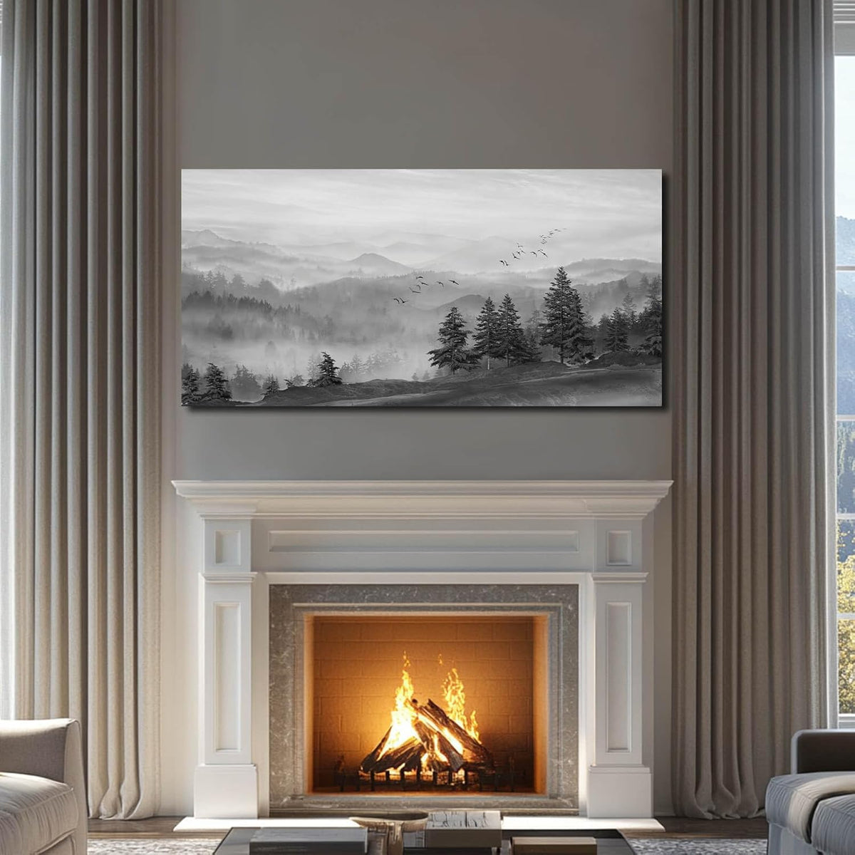 SOUGUAN Grey Pictures Wall Decor Forest Artwork Mountain Canvas Painting Landscape Wall Art Prints for Living Room Bedroom Home Hanging Decor 24x48 Inch