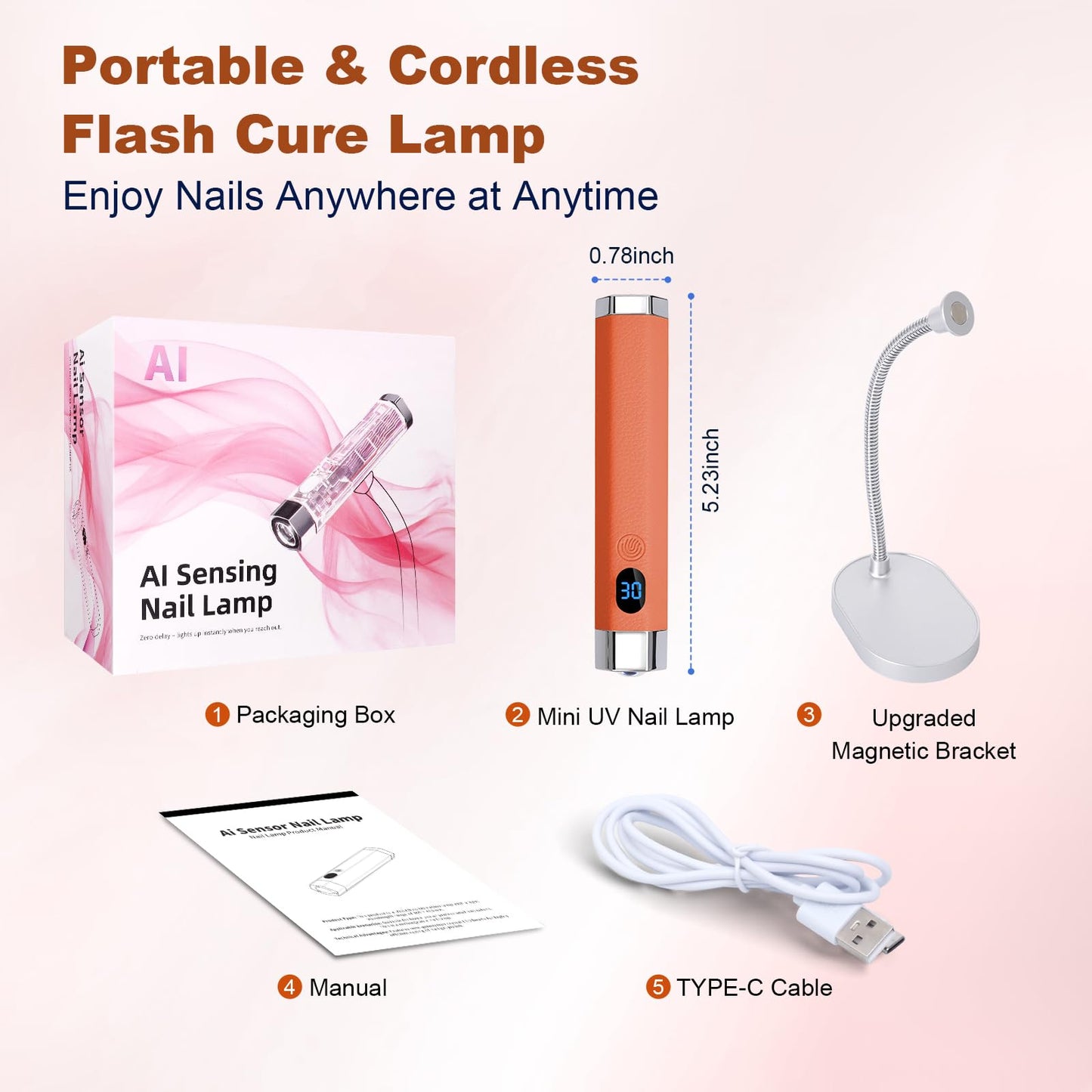 Lynsalene Handheld Mini UV Nail Lamp, Portable Flash Cure Light with Upgraded Magnetic Stand & Smart Sensor - Rechargeable Nail Dryer Fast Curing Gel Nails at Salon,Home & Travel (Orange)