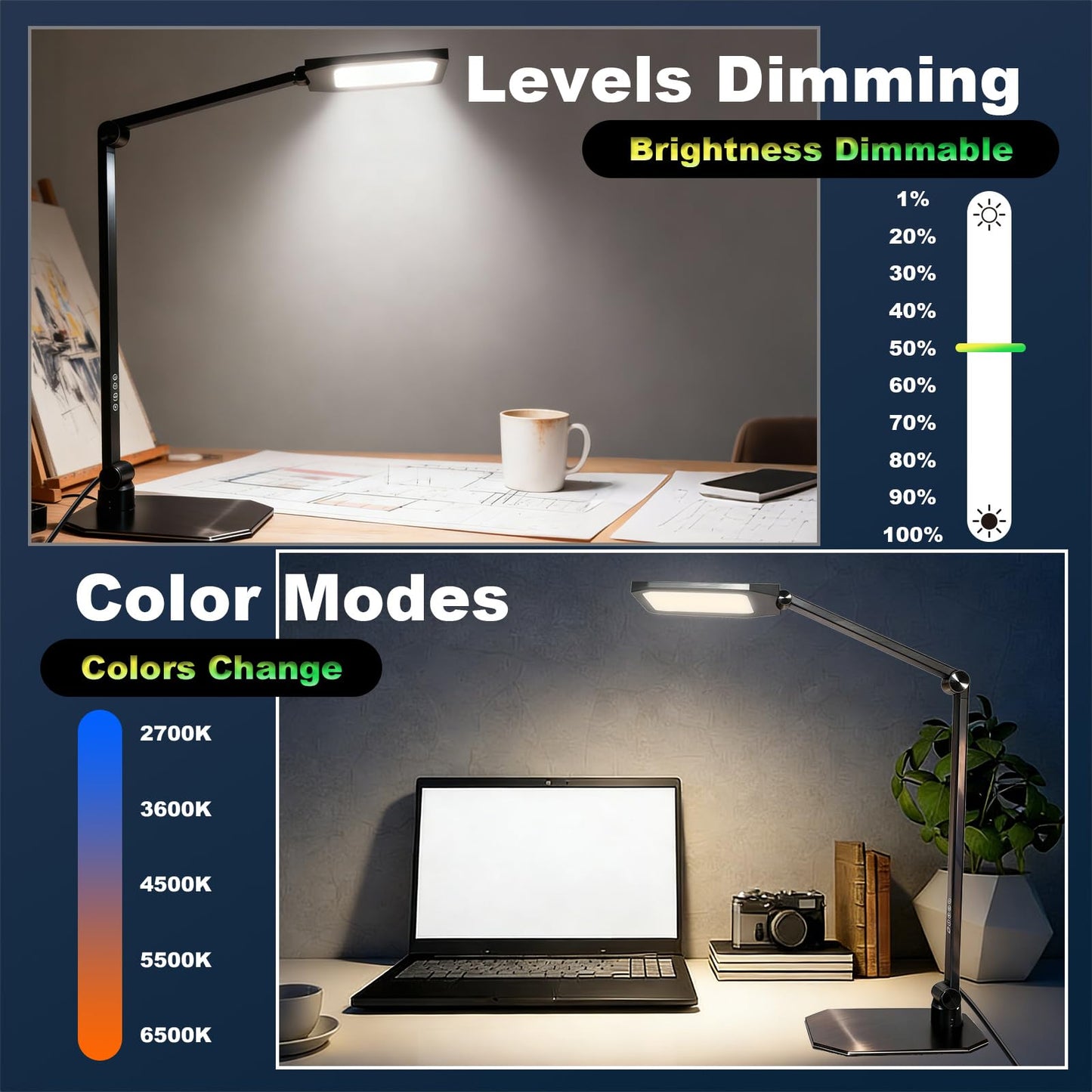 NS Eye-Caring LED Desk Lamp, 3 Color Temperature Dimmable Office Light with Memory Function & Timer, Adjustable Metal Clamp Lamp for Home Office, Reading, Studying.Batteries not Included.