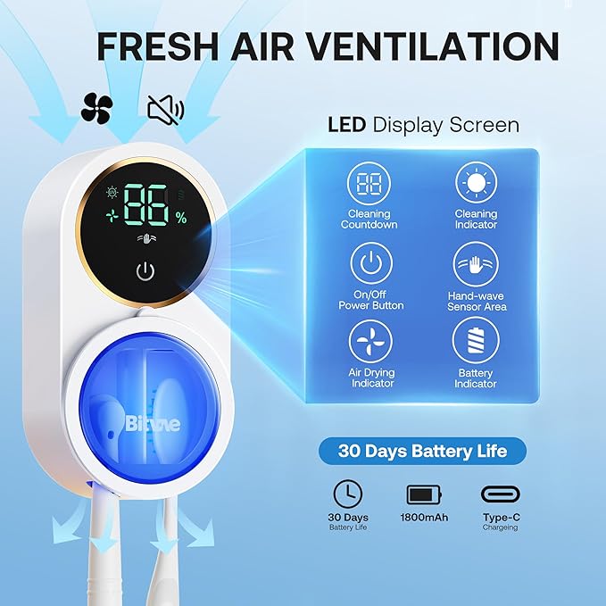 Bitvae Upgraded Tooth Brush Holder for Bathroom 2.0, Infrared Sensing Toothbrush Cleaner, Wall-Mounted for Any Size Toothbrushes, Air Drying, LED Smart Screen, White Gold Trim