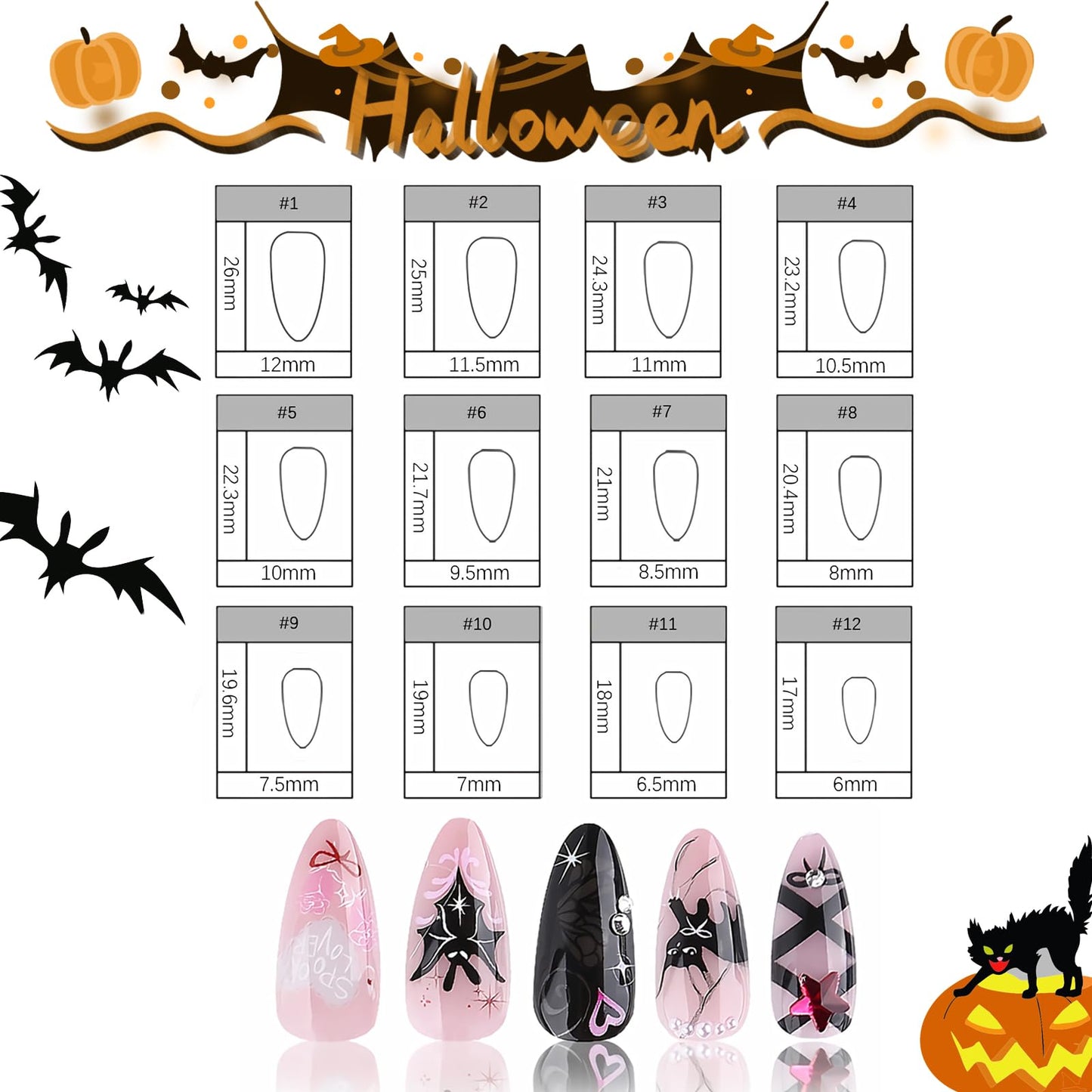 BABALAL Almond Press on Nails Medium Fake Nails Black Pink Glue ons Y2k Bat Cat Bow Design Goth Acrylic Nails 24Pcs Cute Halloween False Nails Star Stiletto